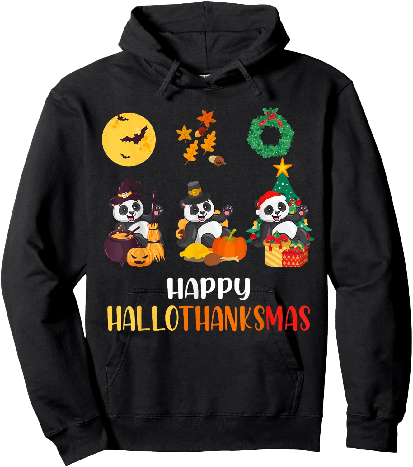 Panda Halloween Christmas Happy Hallothanksmas Panda Hoodie - Hoodie | Black