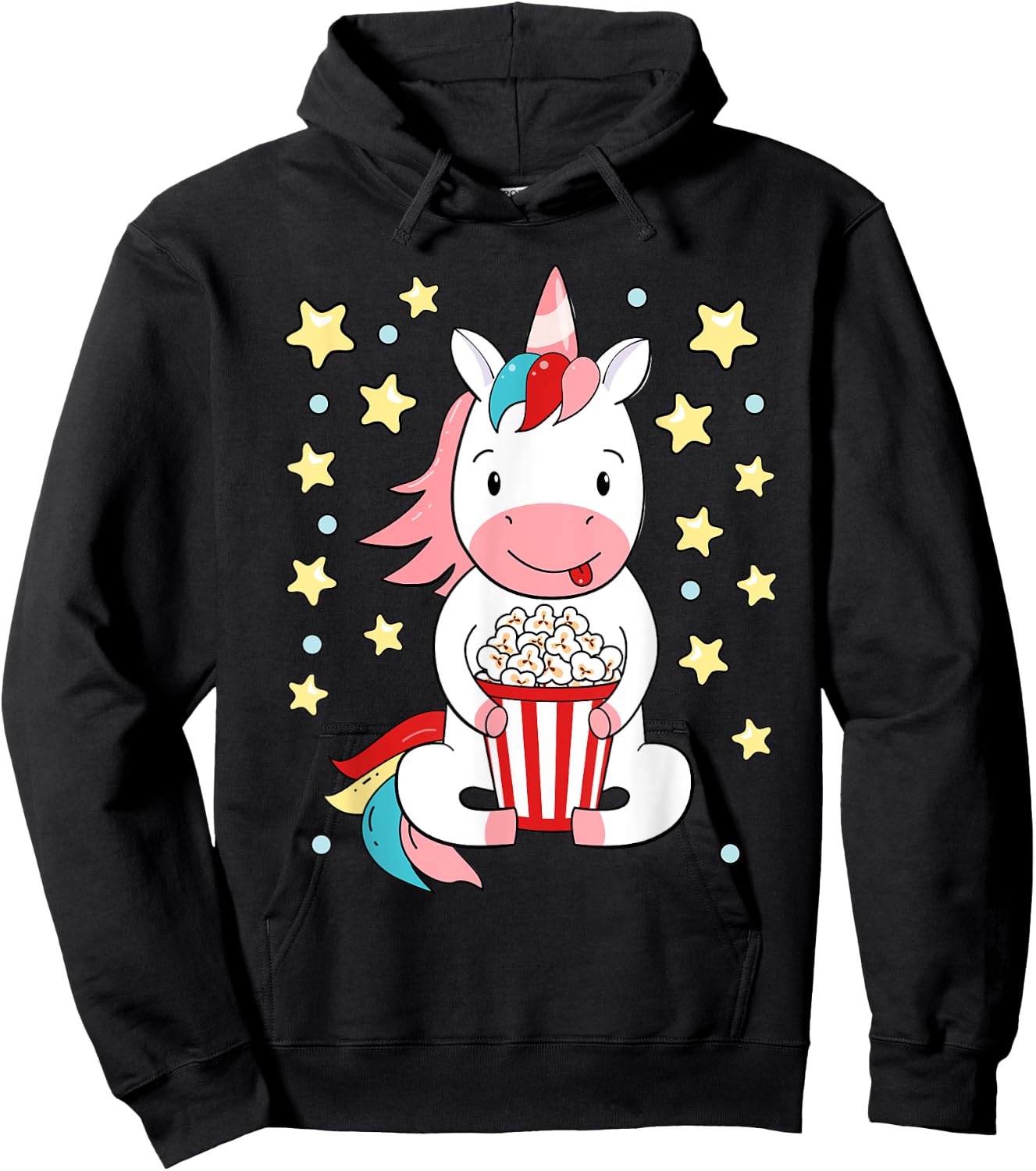 Kawaii Unicorn Popcorn For Movie Enthusiasts, Movie Night Hoodie - Hoodie | Black