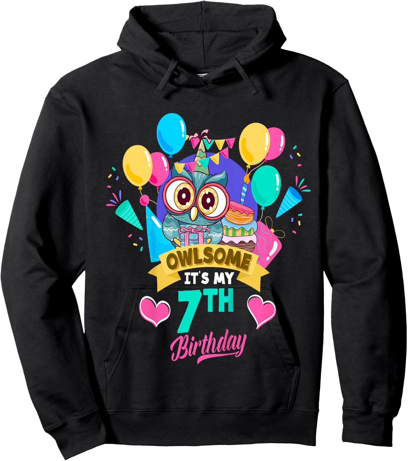 Seven Year Old Birthday Owlsome It's My 7th Birthday Owl Hoodie - Hoodie | Black