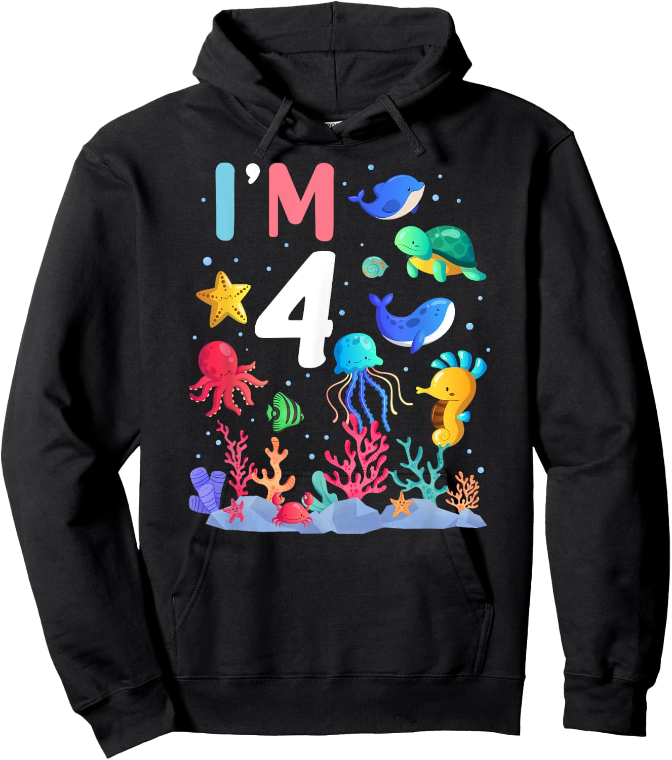 4th Birthday Party Turtle Jellyfish I'm 4 Years Old age Bday Hoodie - Hoodie | Black