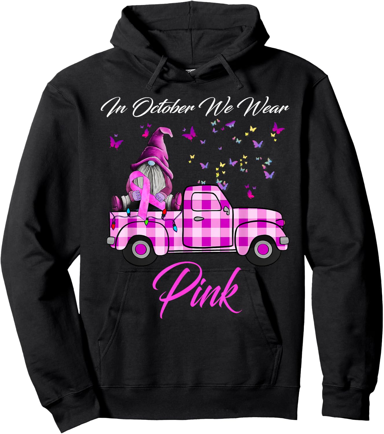 In October We Wear Pink Gnome Truck Breast Cancer Awareness Hoodie - Hoodie | Black