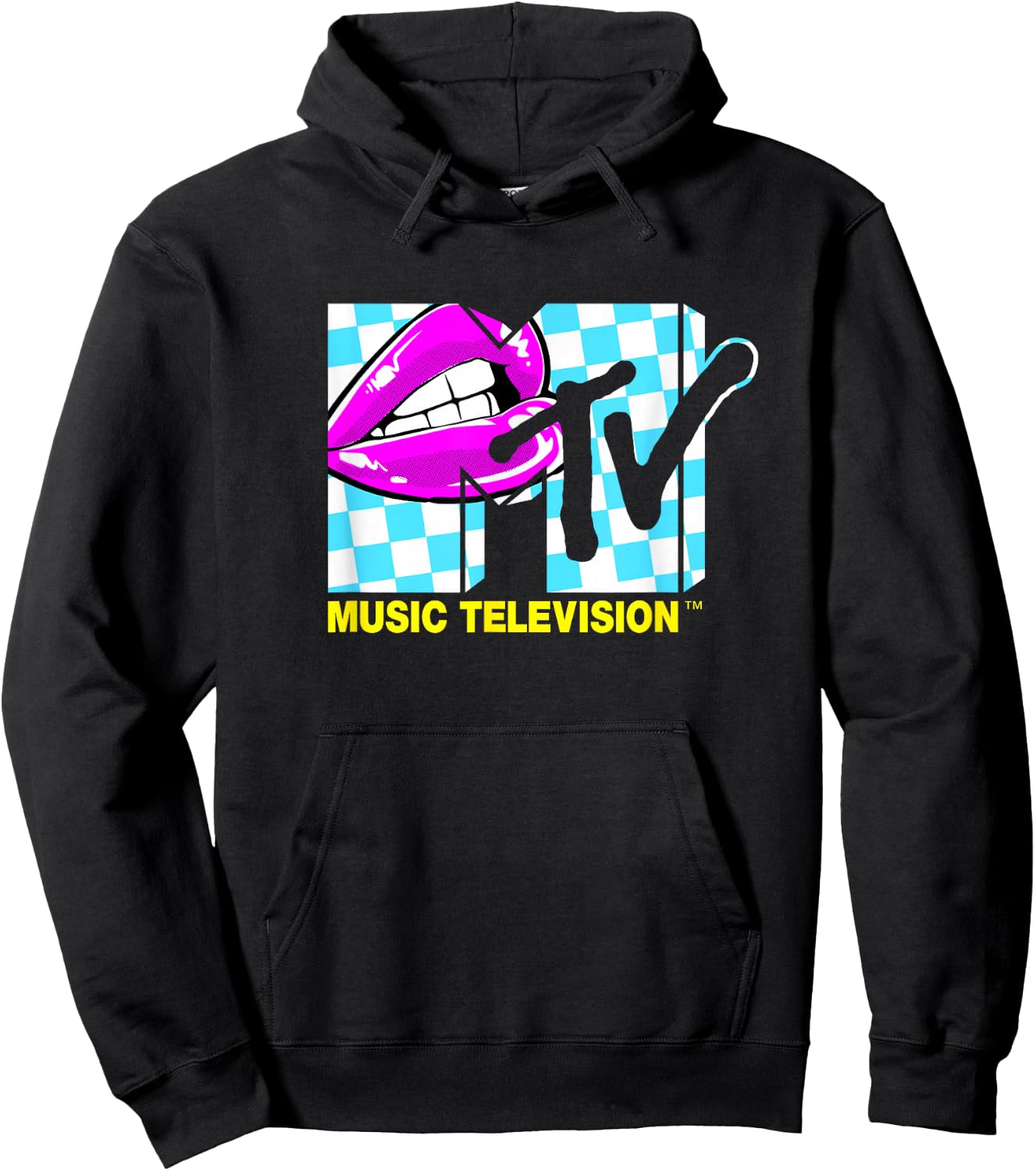 Mademark x MTV - Retro 1980s Pink Lips Checkered Kiss Hoodie - Hoodie | Black