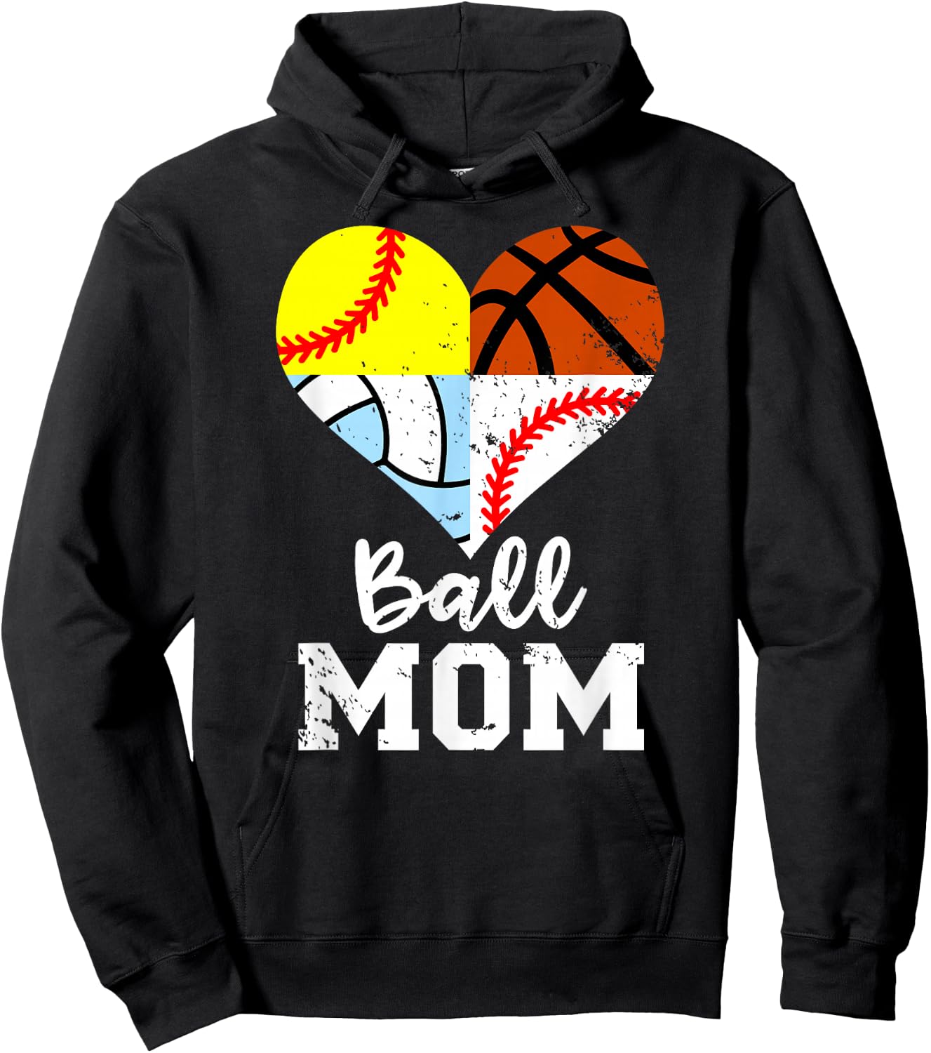 Ball Mom Funny Baseball Softball Volleyball Basketball Heart Hoodie - Hoodie | Black
