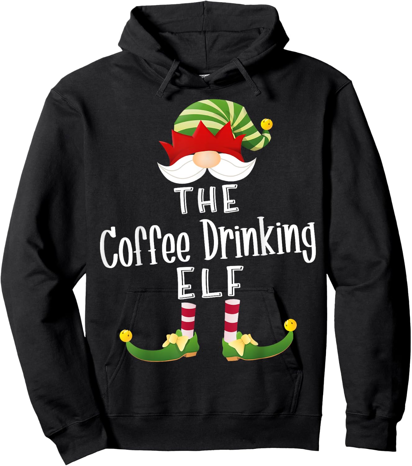 Coffee Drinking Elf Group Christmas Funny Pajama Party Hoodie - Hoodie | Black