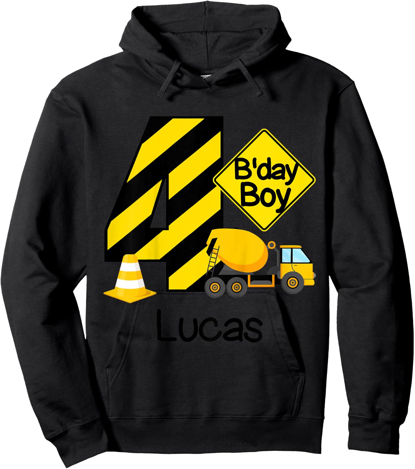 Kids Construction 4th Birthday Lucas Boys 4 Years Old Party Hoodie - Hoodie | Black