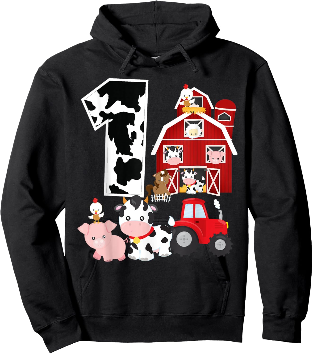 Farm Barnyard Theme Pig Cow Horse 1st Birthday 1 Yrs Old Hoodie - Hoodie | Black