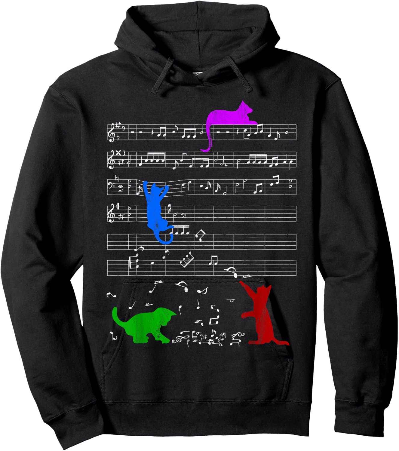 Cute Colored Cats Music Notes Musician Clef Piano Hoodie - Hoodie | Black