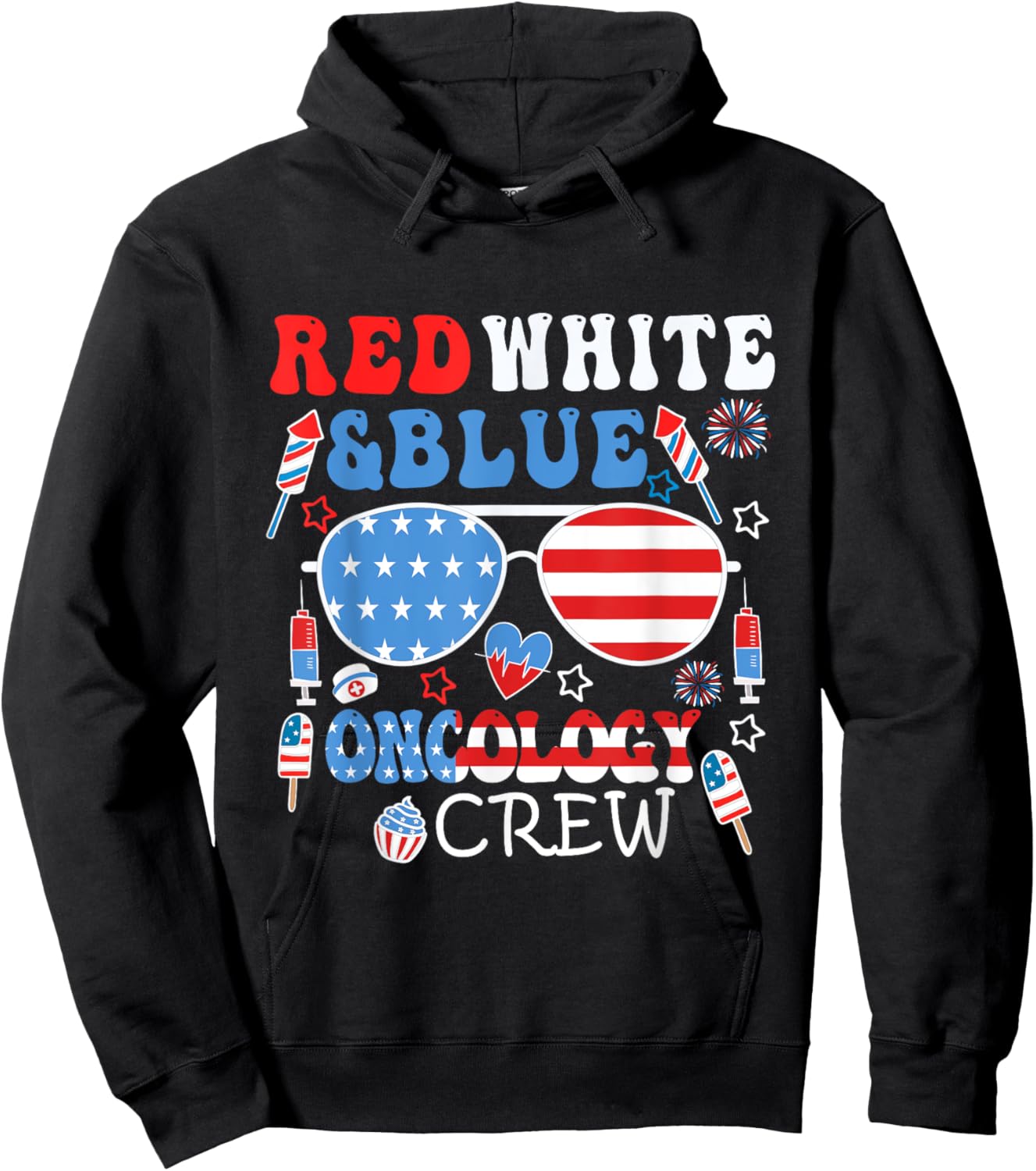 Groovy Red White Blue American Oncology Crew 4th of July Hoodie - Hoodie | Black