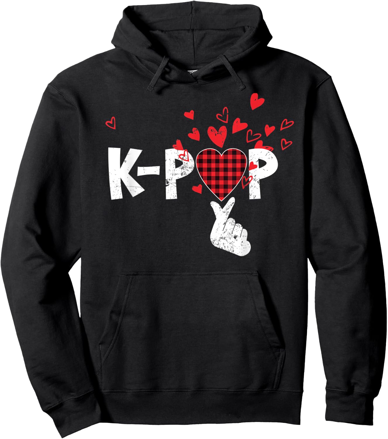 Cute K-Pop Lovers Korean Love Sign Red Buffalo Plaid Pajama Hoodie - Hoodie | Black