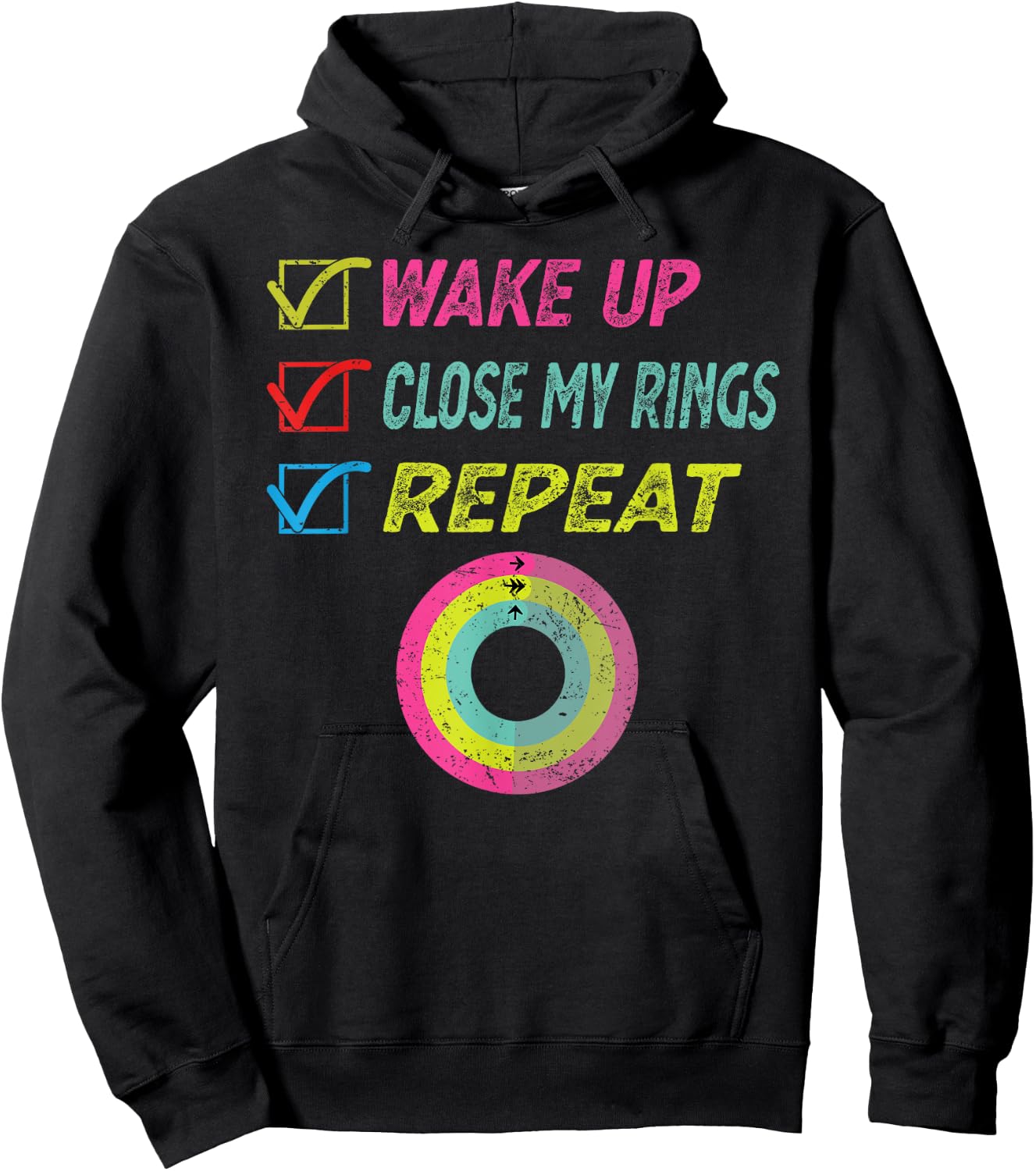 Wake up Close My Rings Repeat funny distressed gym workout Hoodie - Hoodie | Black