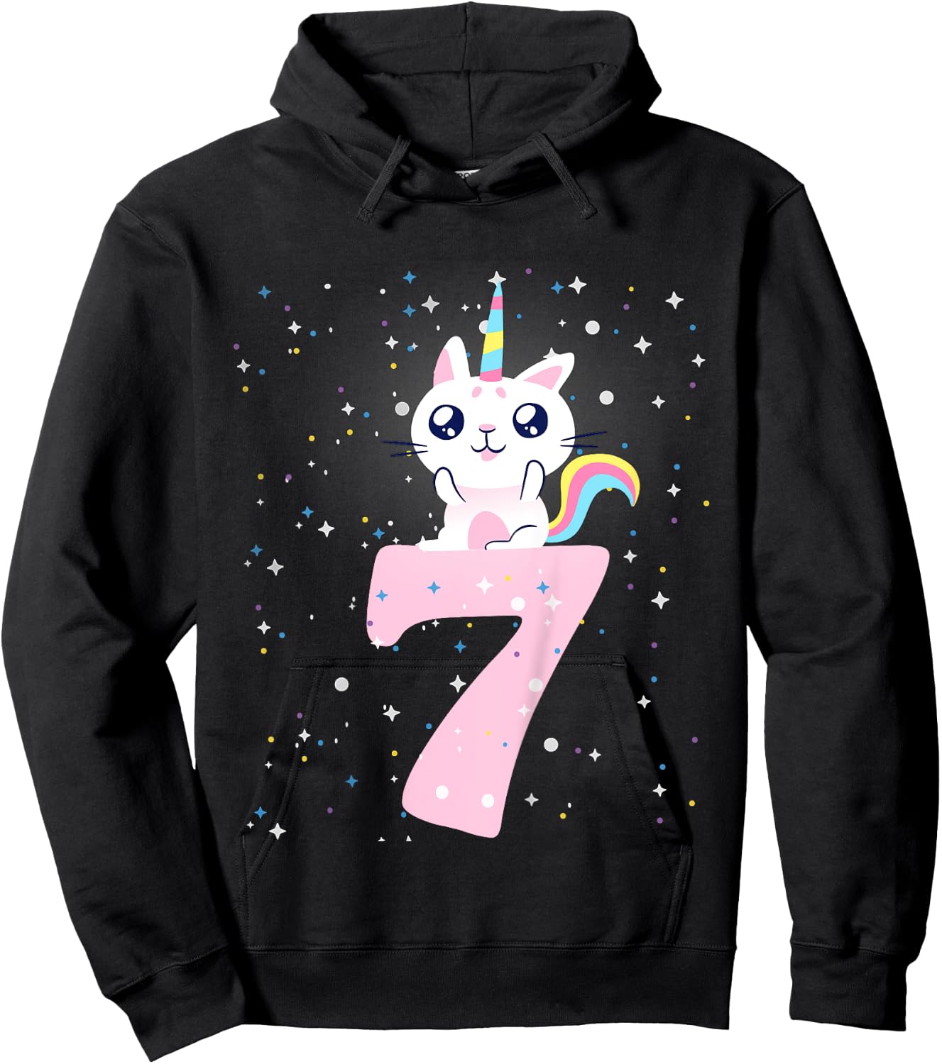 Kids 7th birthday girl outfit unicorn cat Hoodie - Hoodie | Black