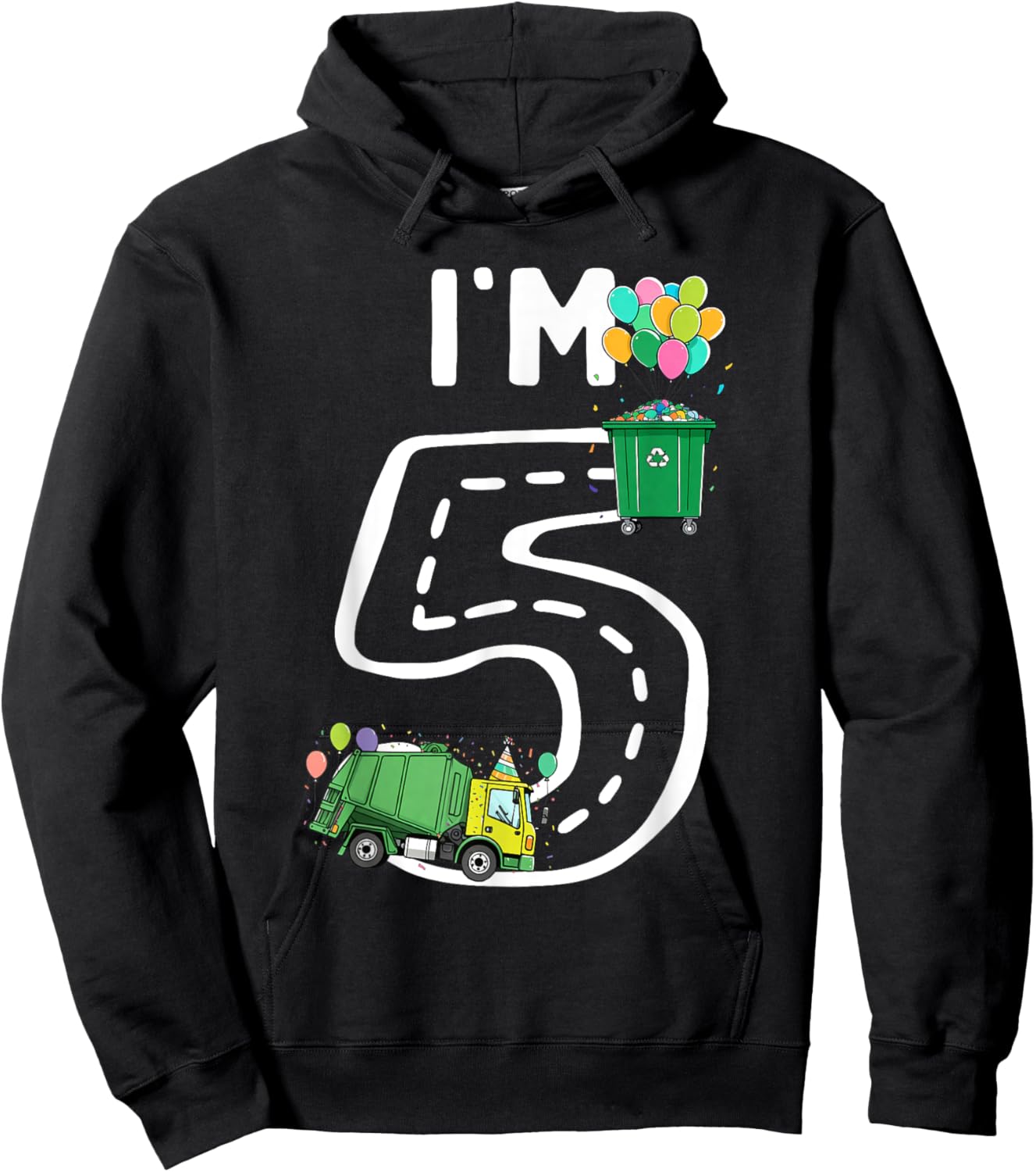 I'm 5 Five Years Old Garbage Truck 5th Birthday Boy Kids Hoodie - Hoodie | Black