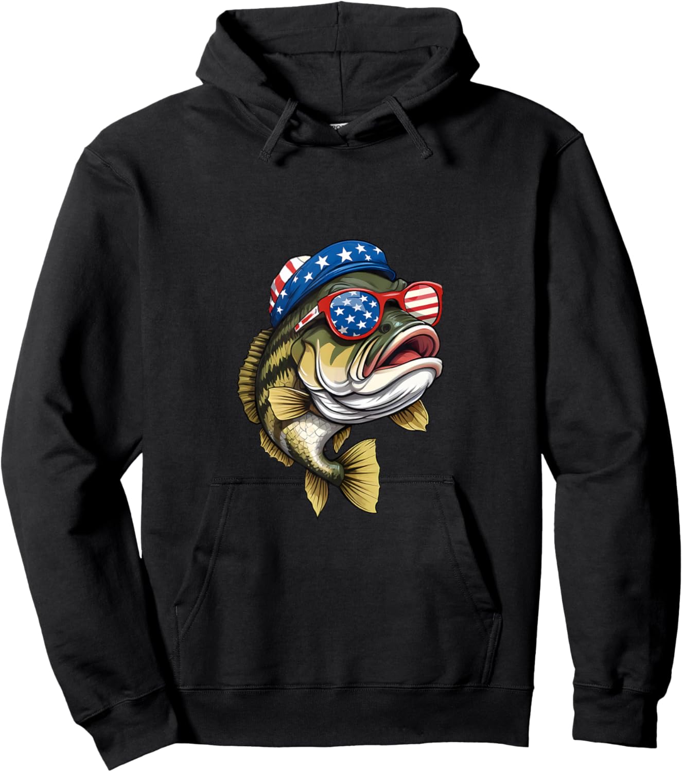 Bass Fish 4th Of July American US Flag Patriotic Fishing Hoodie - Hoodie | Black