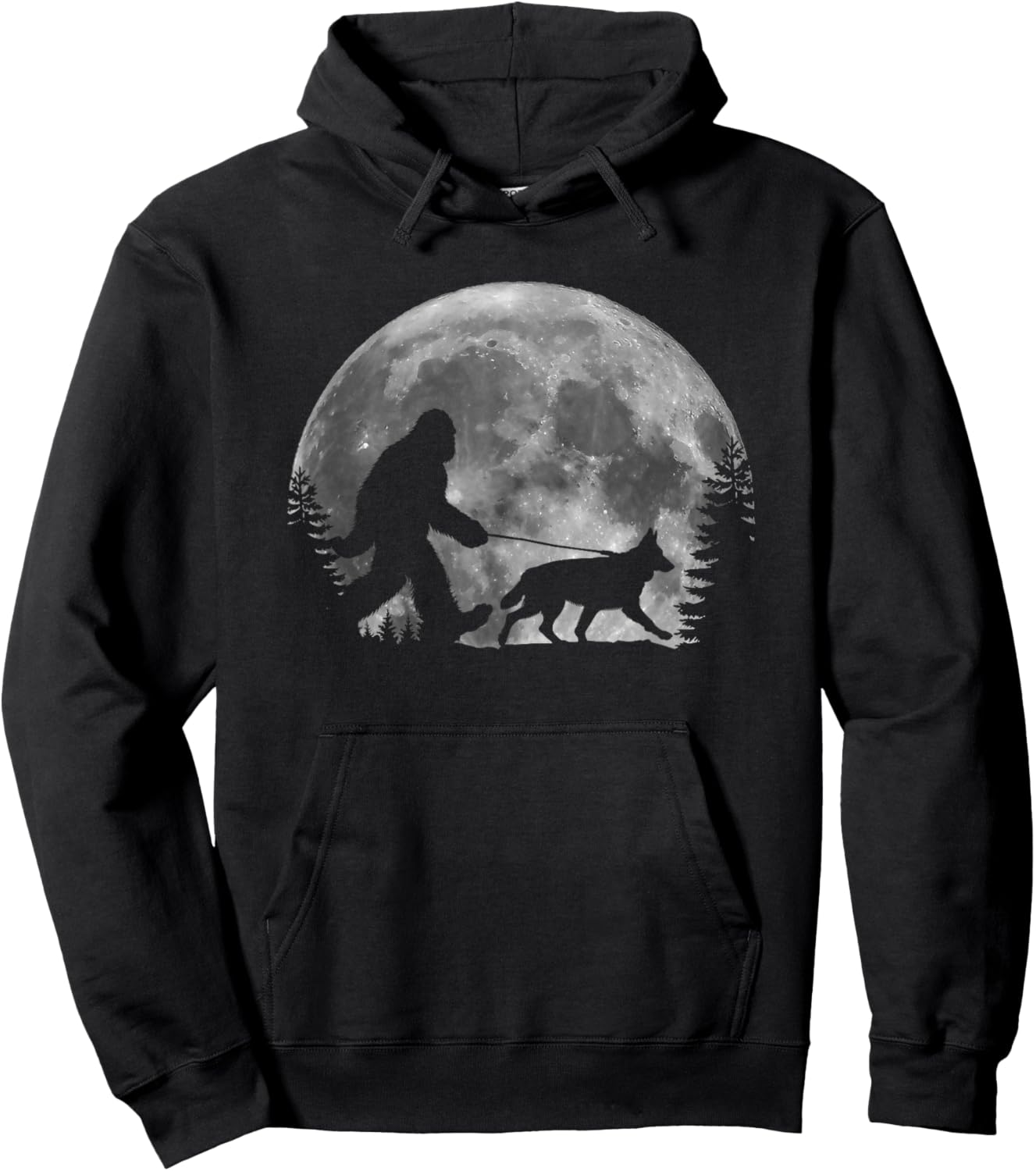 Bigfoot Walking a Dog Funny German Shepherd Moon Halloween Hoodie - Hoodie | Black