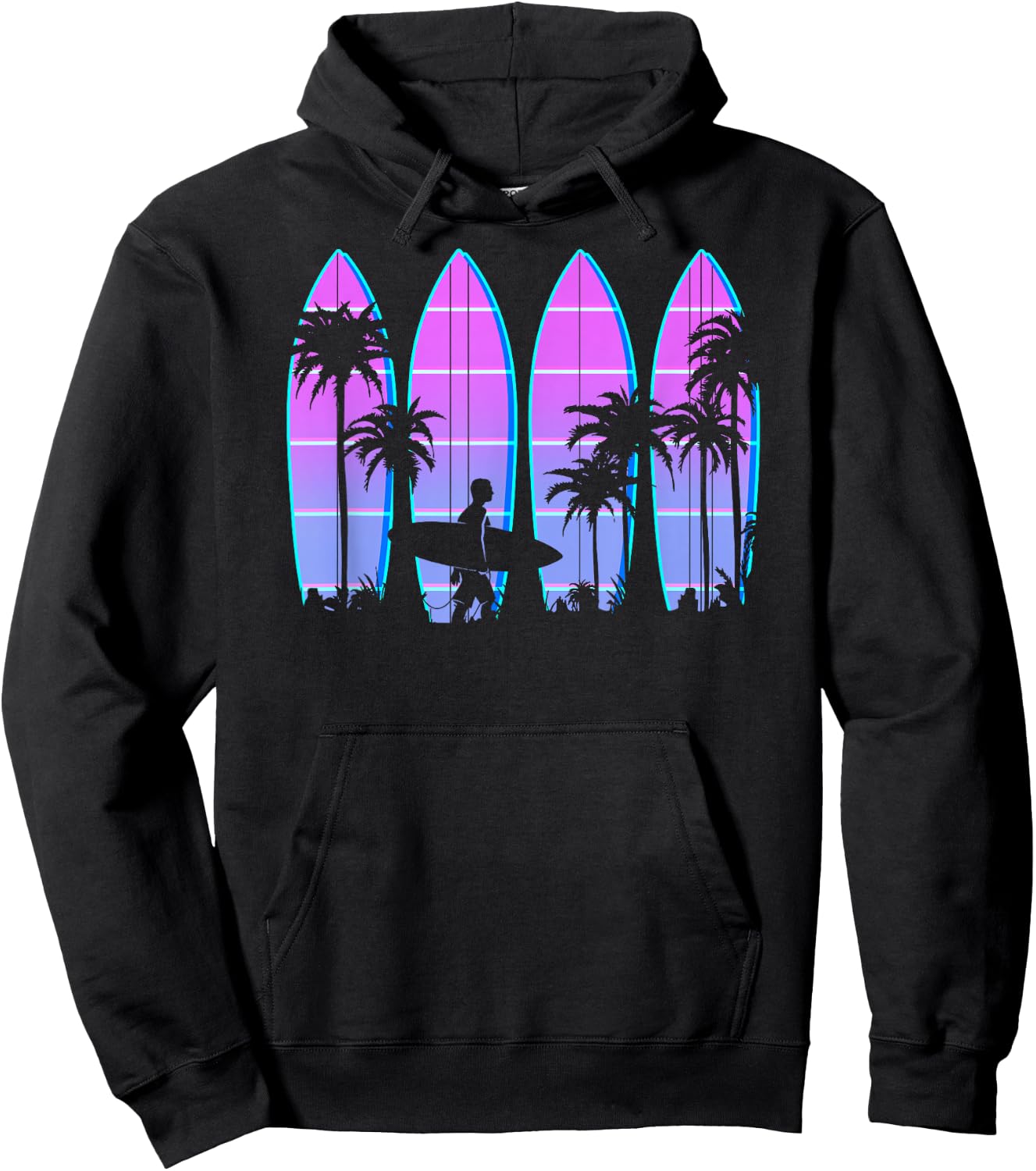 Surfboard Men Women Kids Surfing Vaporwave Retro Wave Surfer Hoodie - Hoodie | Black