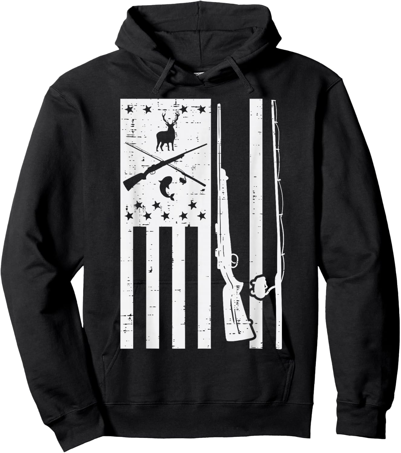 White US Flag Rifle Fishing Rod Fish Deer Hunting Patriotic Hoodie - Hoodie | Black