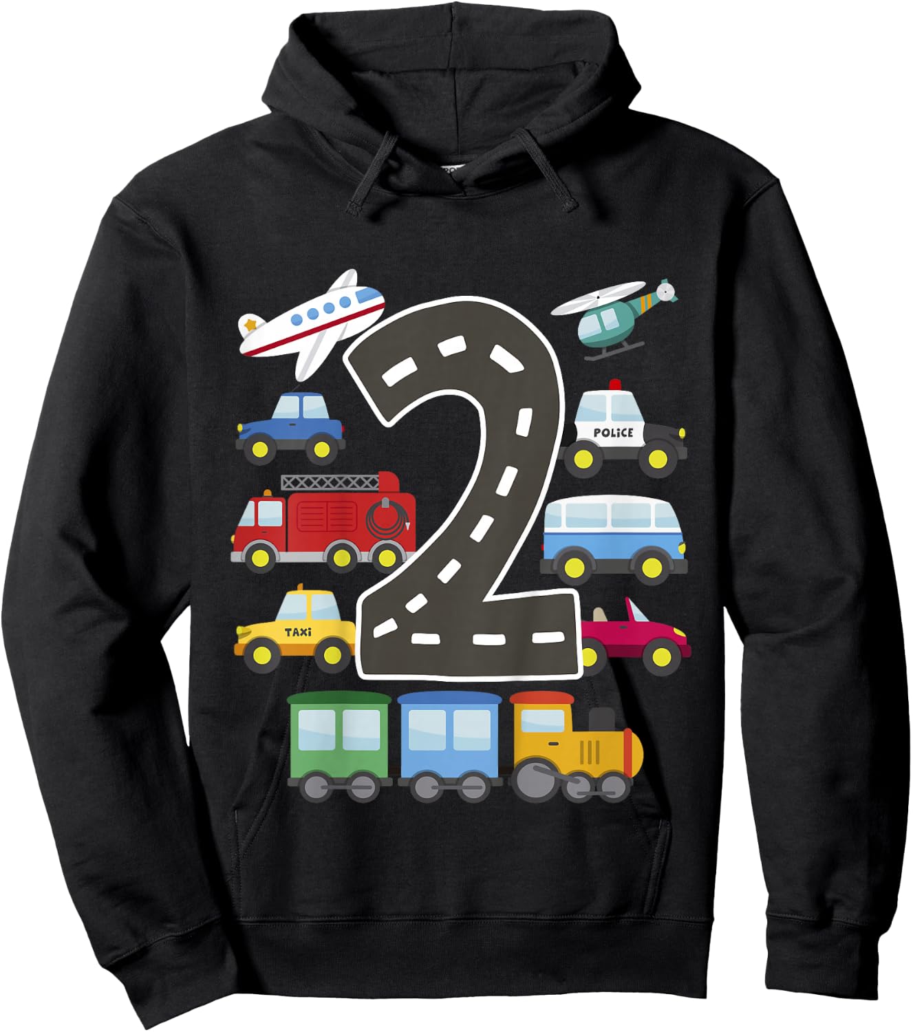 Kids 2 Year Old Transportation Birthday Car Train Plane 2nd Gift Hoodie - Hoodie | Black