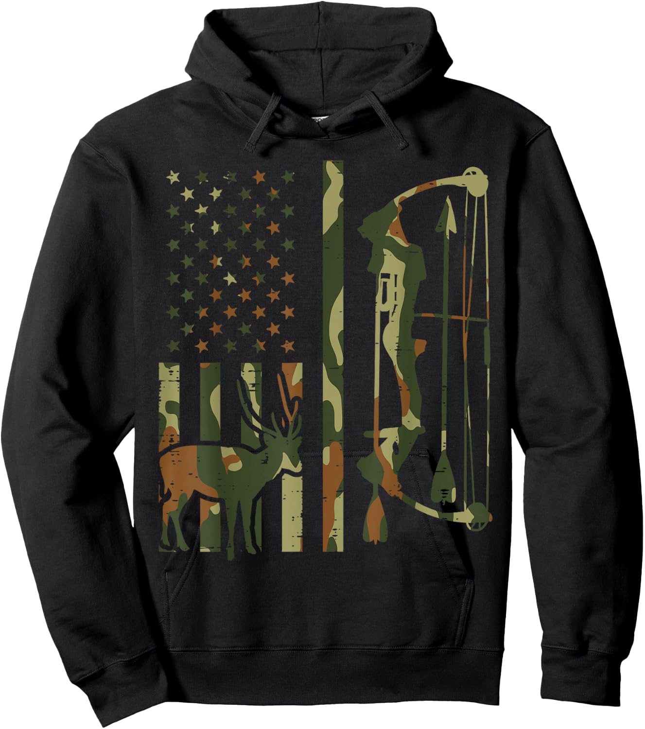 Camo Flag Deer Bow Hunting Patriotic Hunter Dad Archer Hoodie - Hoodie | Black