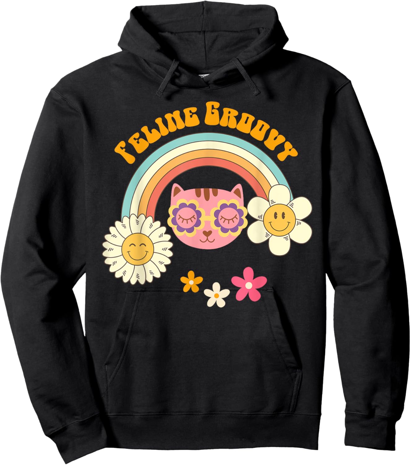 Retro Cat 70's Style: Feline Groovy Rainbow Cat Mom Shirt Women Hoodie - Hoodie | Black