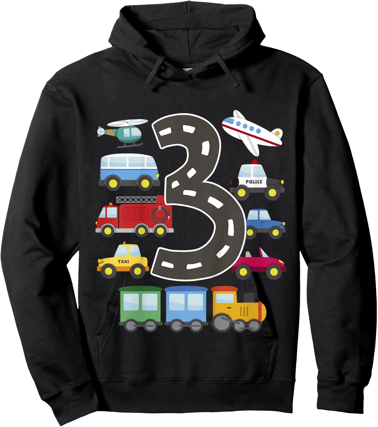 3 Year Old Transportation Birthday Car Train Plane 3rd Gift Hoodie - Hoodie | Black