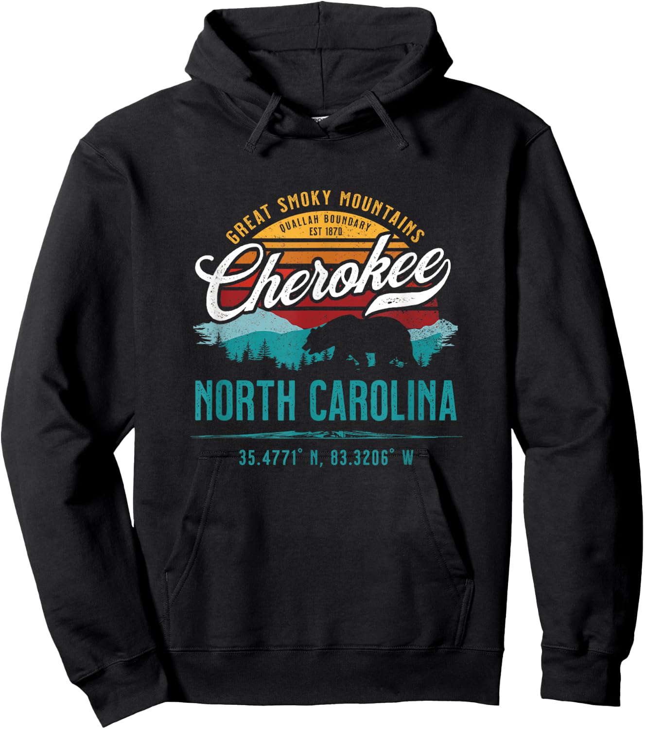 Cherokee North Carolina Retro Sunset Great Smoky Mountains Hoodie - Hoodie | Black