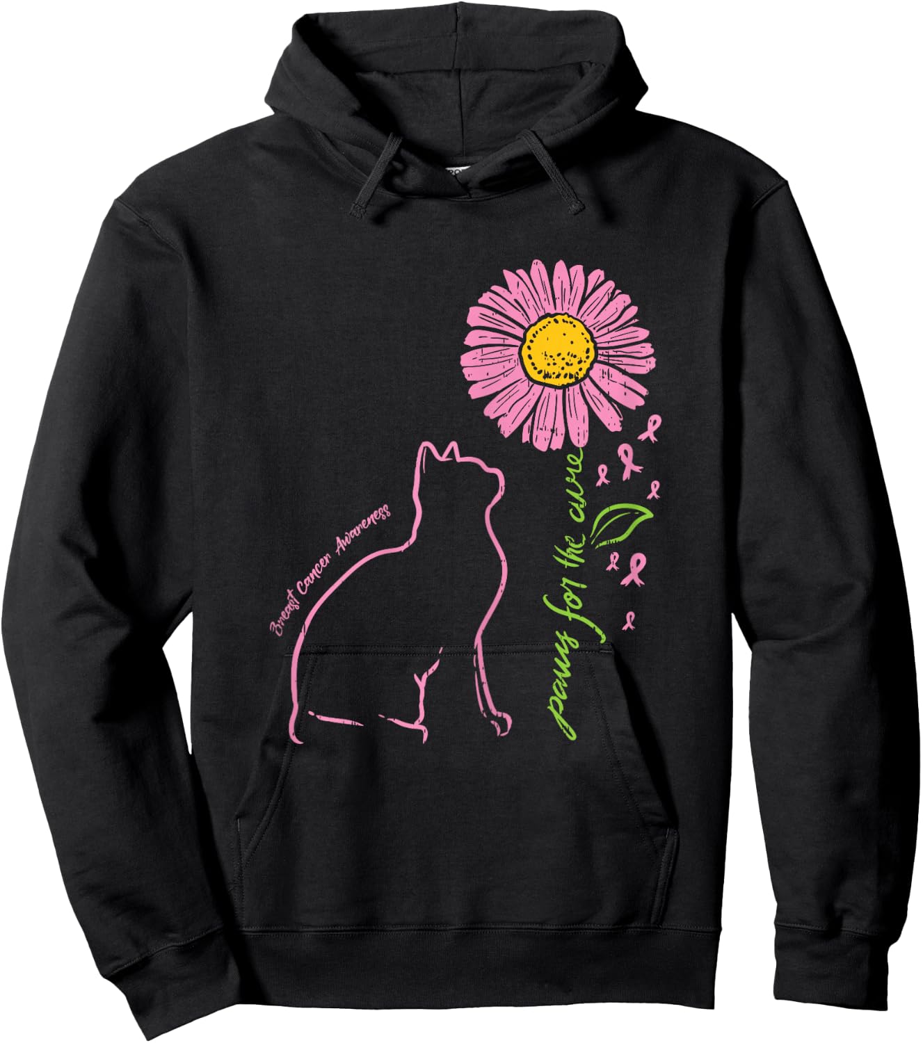Cat Flower Paw For Cure Breast Cancer Awareness Support Gift Hoodie - Hoodie | Black