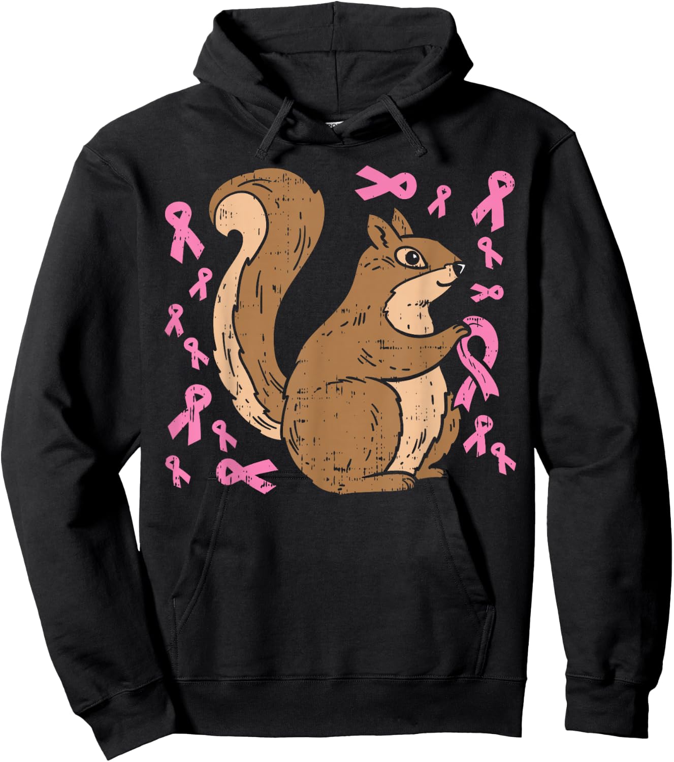Squirrel Pink Ribbon Breasr Cancer Awareness Support Gift Hoodie - Hoodie | Black