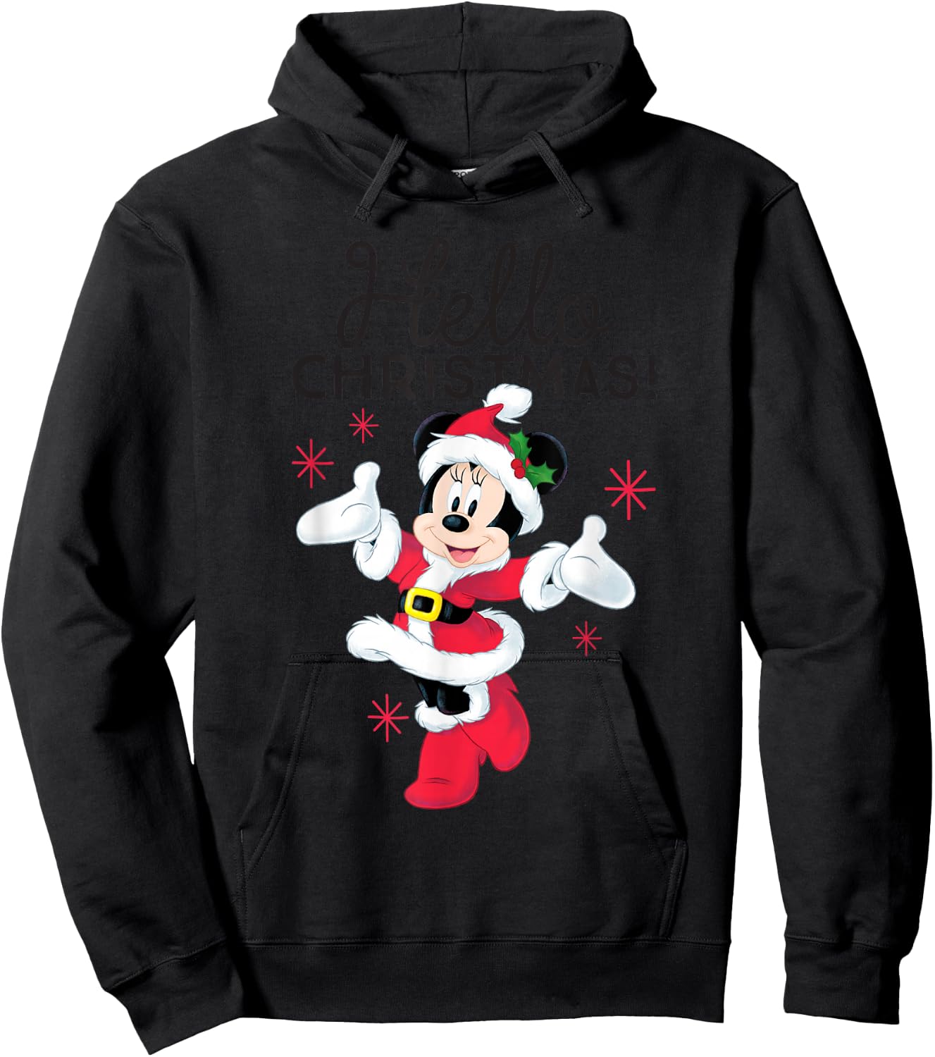 Disney Santa Minnie Mouse Hello Christmas Holiday Short Sleeve Hoodie - Hoodie | Black