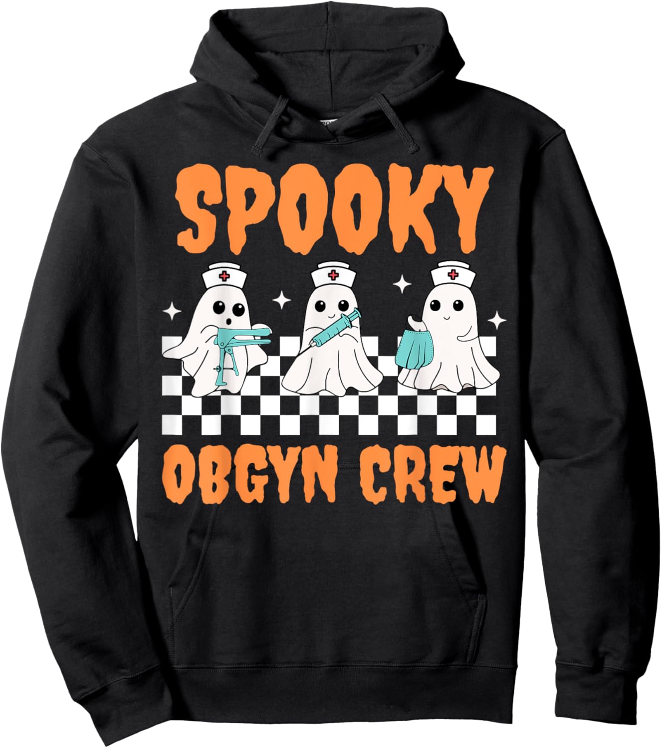 Retro Spooky OBGYN Crew Ghost Obstetrics Nurse Halloween Hoodie - Hoodie | Black