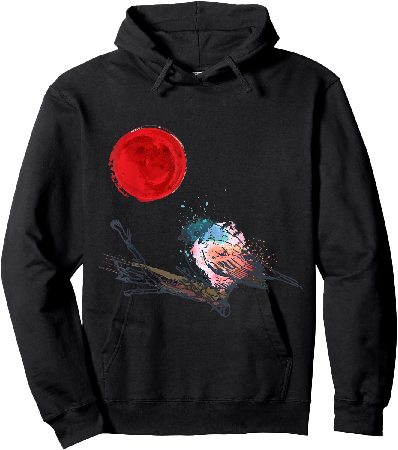 Murakami Birding Retro Colorful Bird Matching Red Moon Style Hoodie - Hoodie | Black