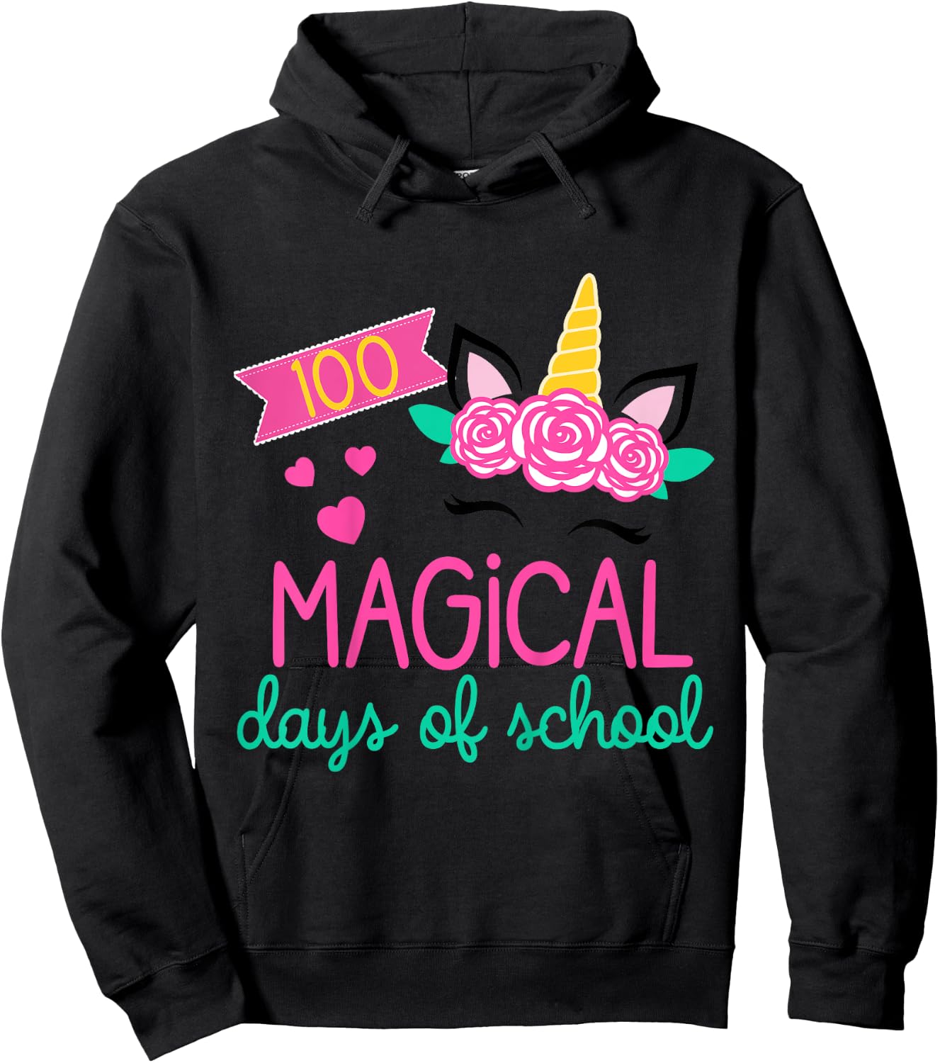 100 Days of School Girls Unicorn 100 Magical Days of School Hoodie - Hoodie | Black