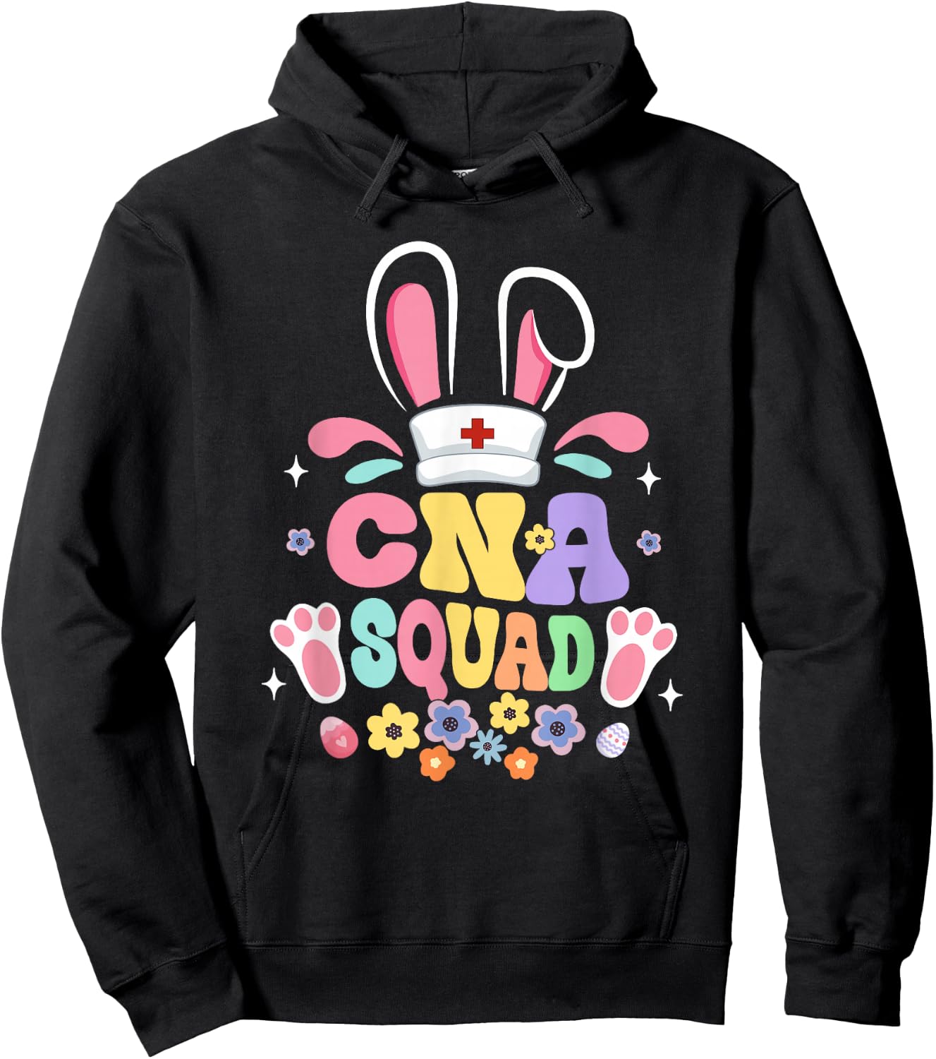 Retro Groovy CNA Squad Bunny Ear Flower Easter Hoodie - Hoodie | Black