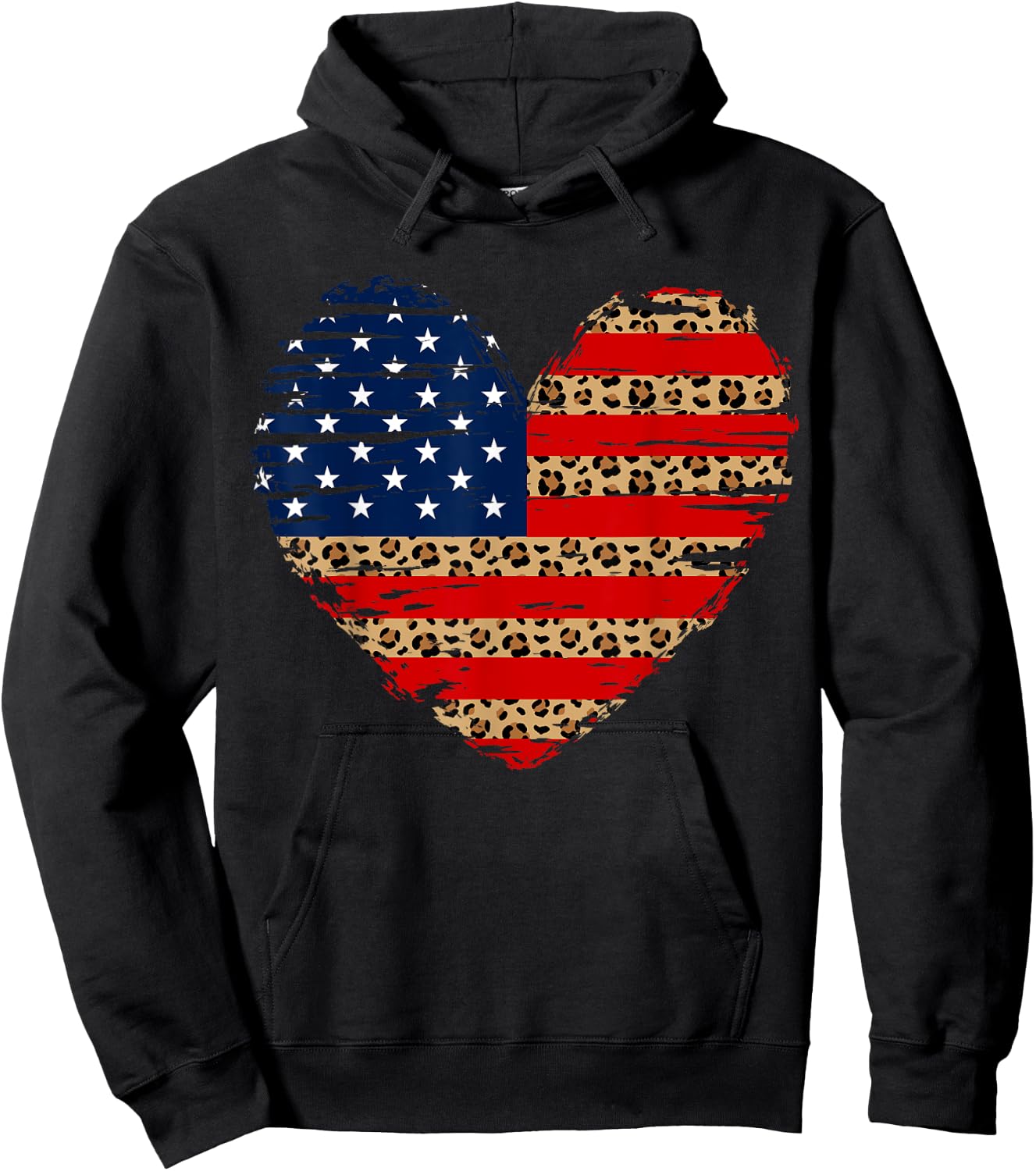 American Flag Heart 4th of July Leopard Print USA Patriotic Hoodie - Hoodie | Black