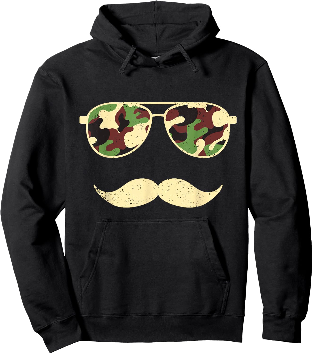 Camo Sunglasses Mustache Funny Retro Camo Veterans Day Hoodie - Hoodie | Black