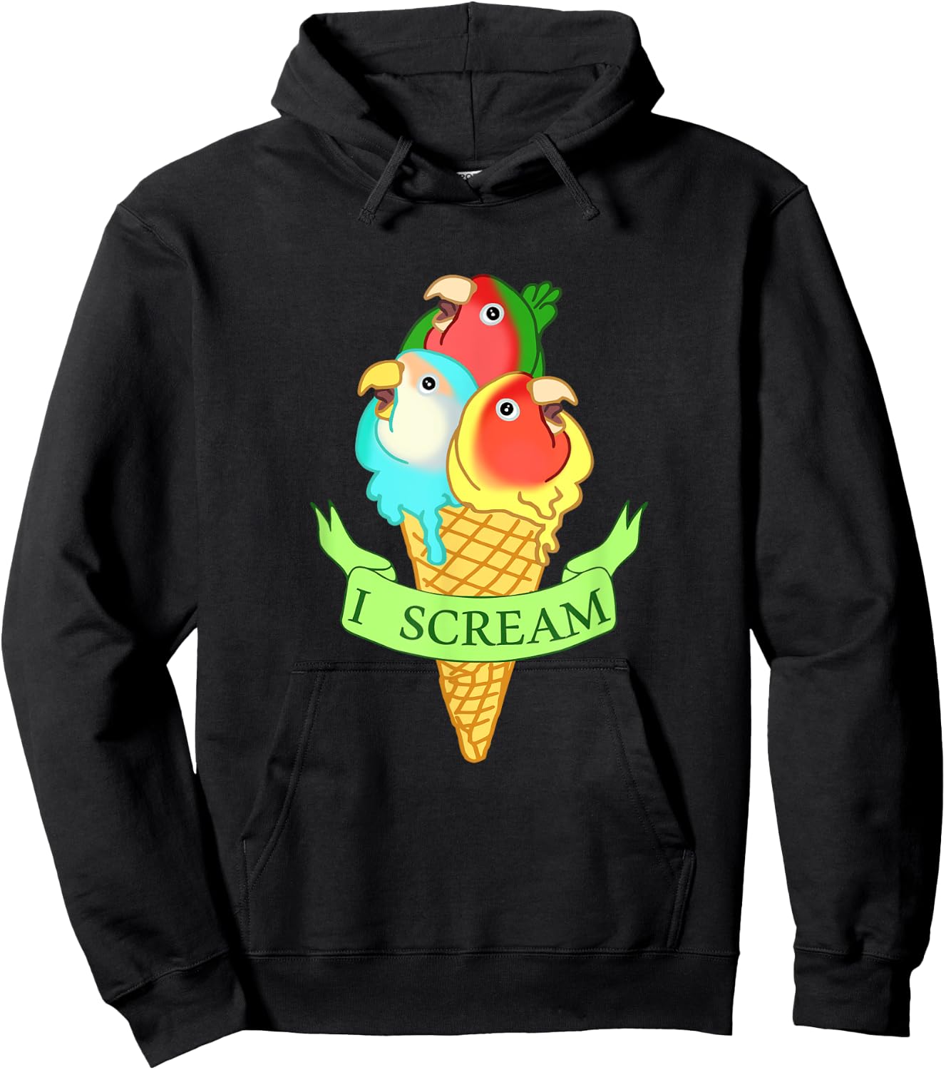 Cute Ice cream Lovebirds , Funny I Scream Parrots Hoodie - Hoodie | Black