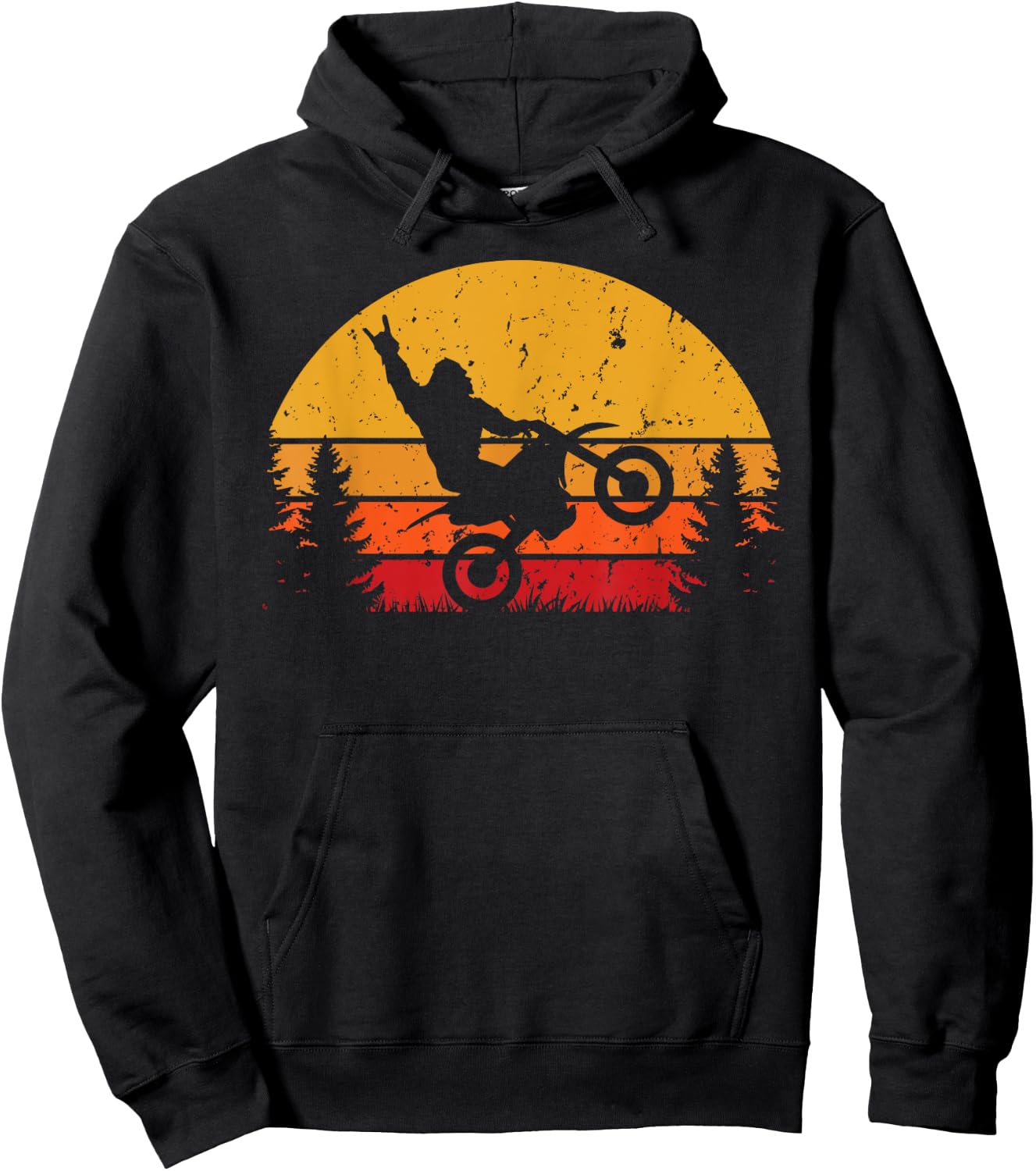 Funny Bigfoot Sasquatch Retro Sunset Riding Dirt Bike Hoodie - Hoodie | Black