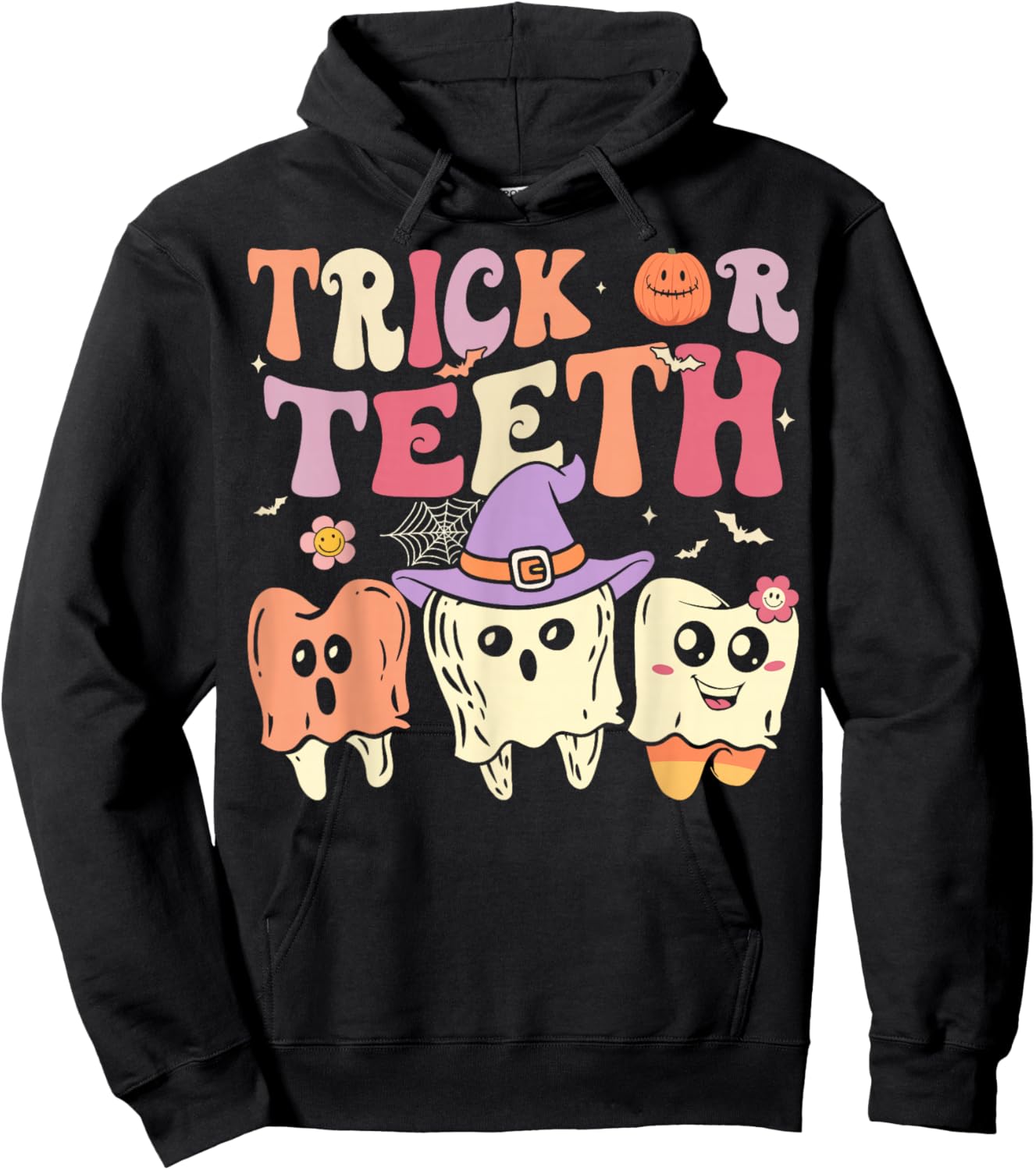 Groovy Dental Halloween Retro Trick or Teeth Floral Ghost Hoodie - Hoodie | Black