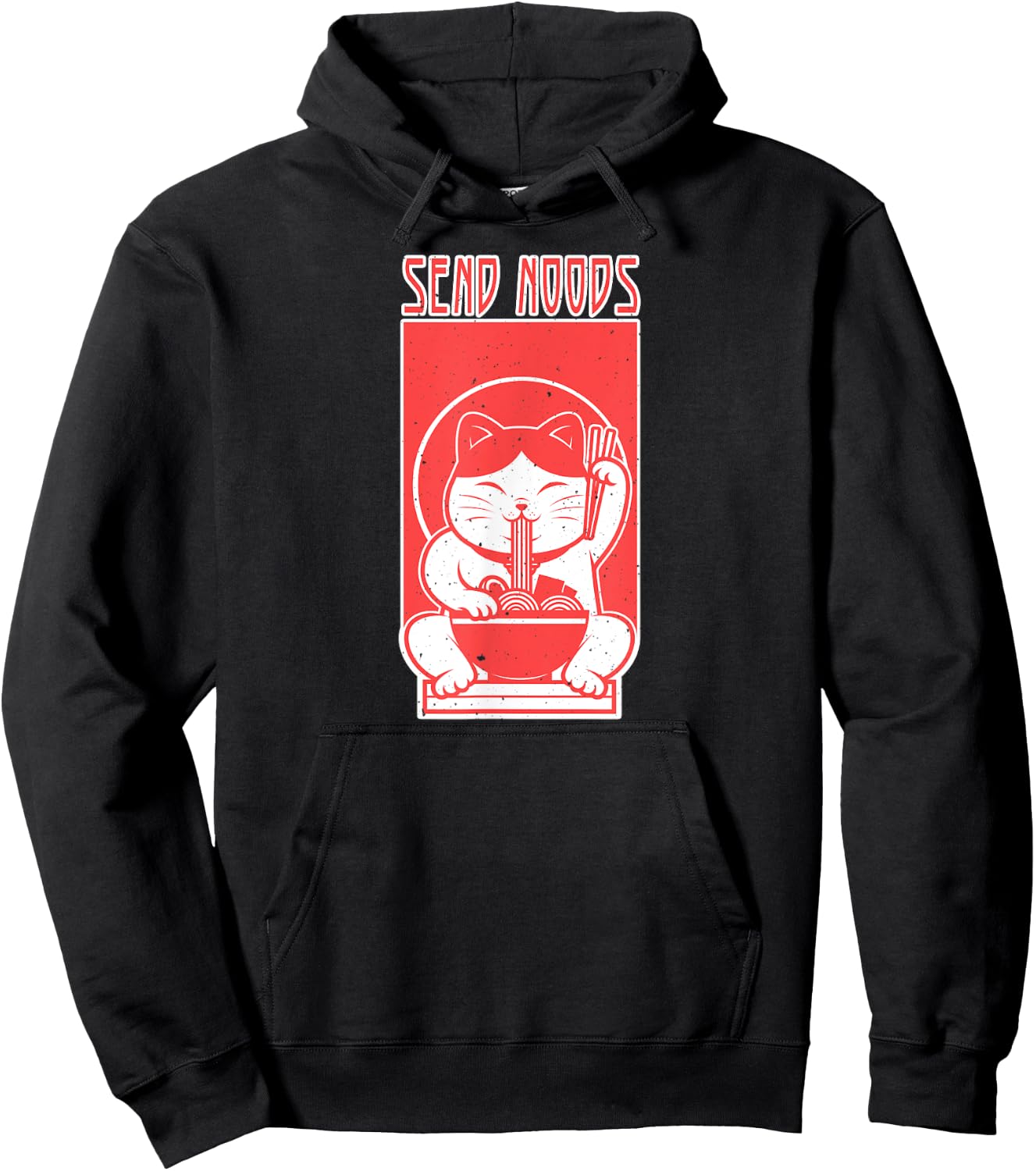Funny Send Noods Lucky Cat Eating Ramen Noodles Distressed Hoodie - Hoodie | Black