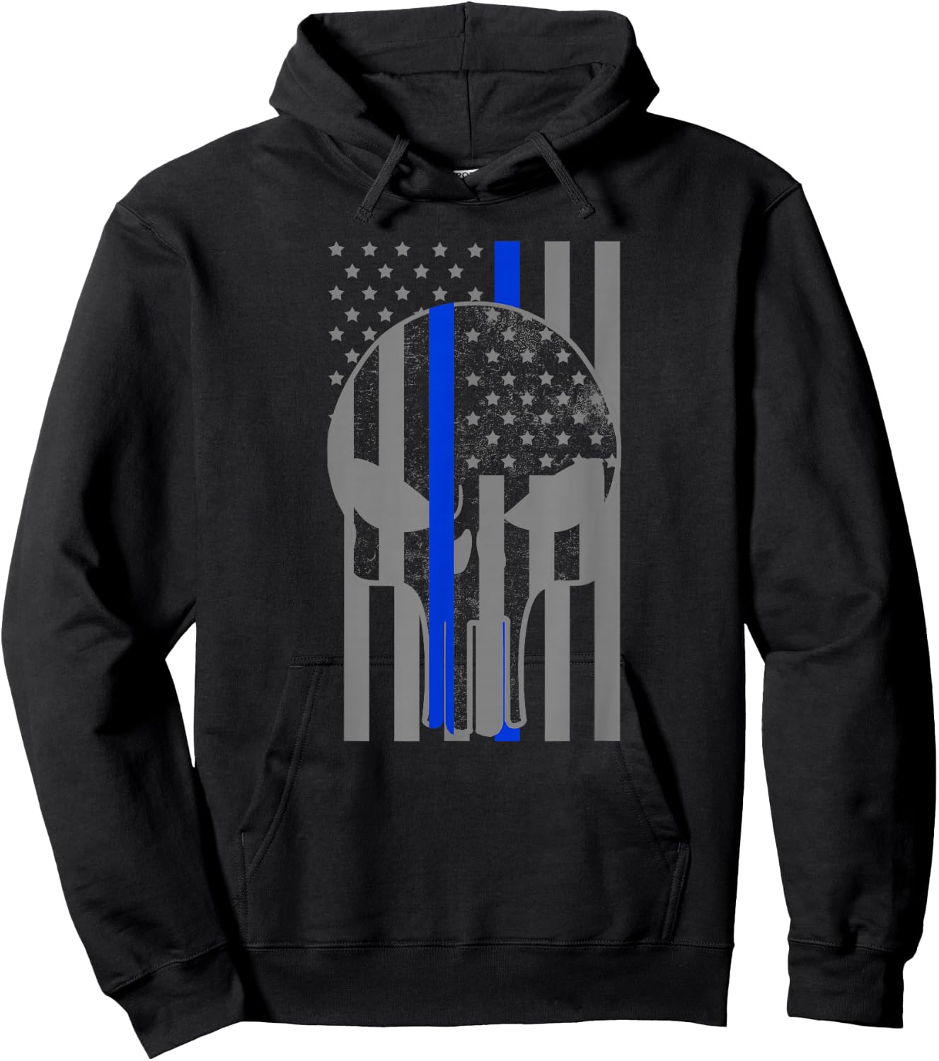 Grey American Flag Skull Thin Blue Line Police Officer Gift Hoodie - Hoodie | Black