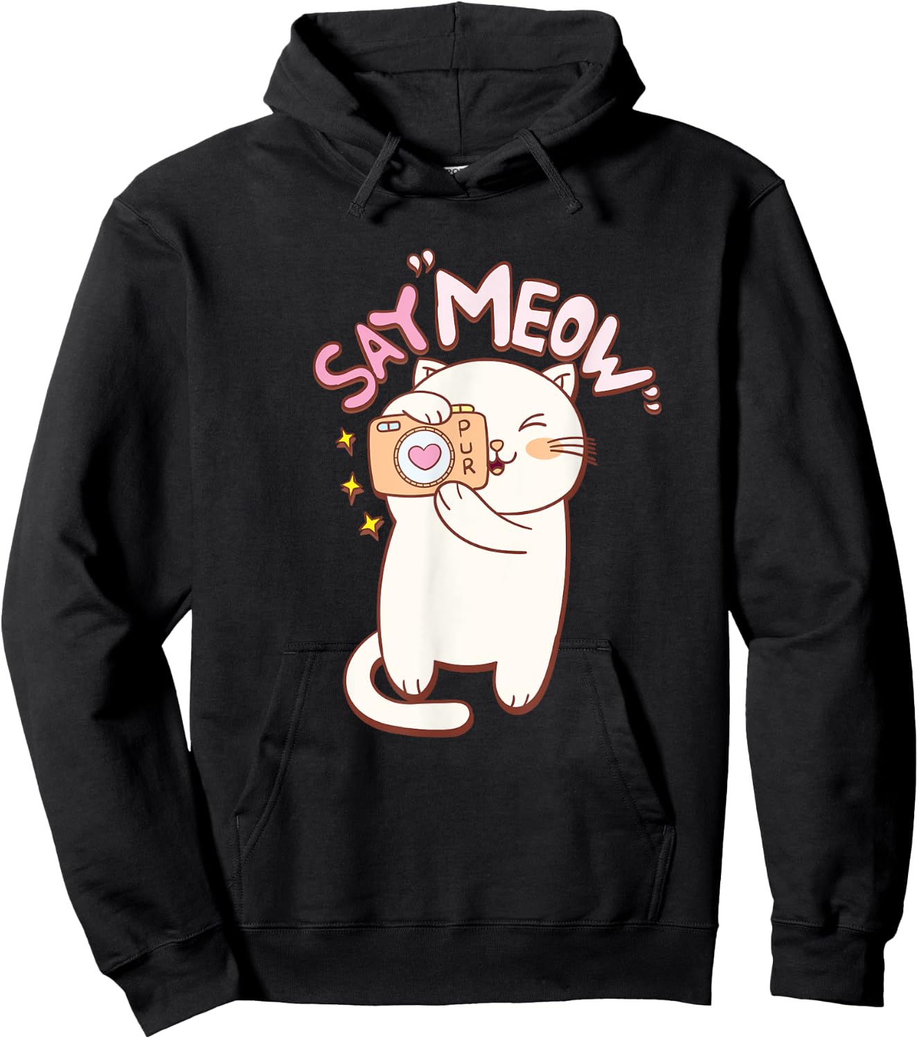 Cute Cat with Camera Saying Meow Hoodie - Hoodie | Black