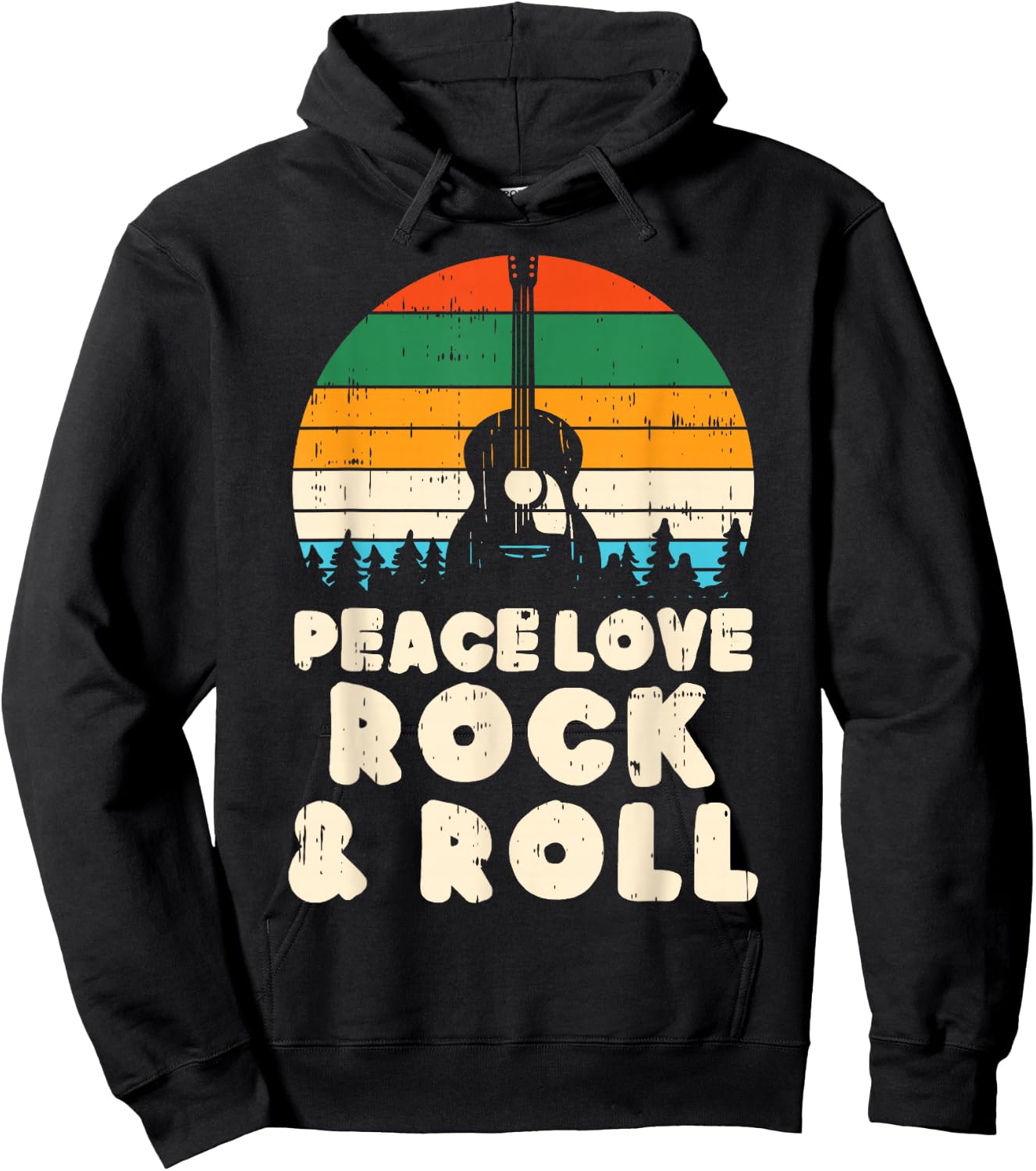 Peace Love Rock N Roll Guitar Retro 80s Hippie Hippi Hippy Hoodie - Hoodie | Black