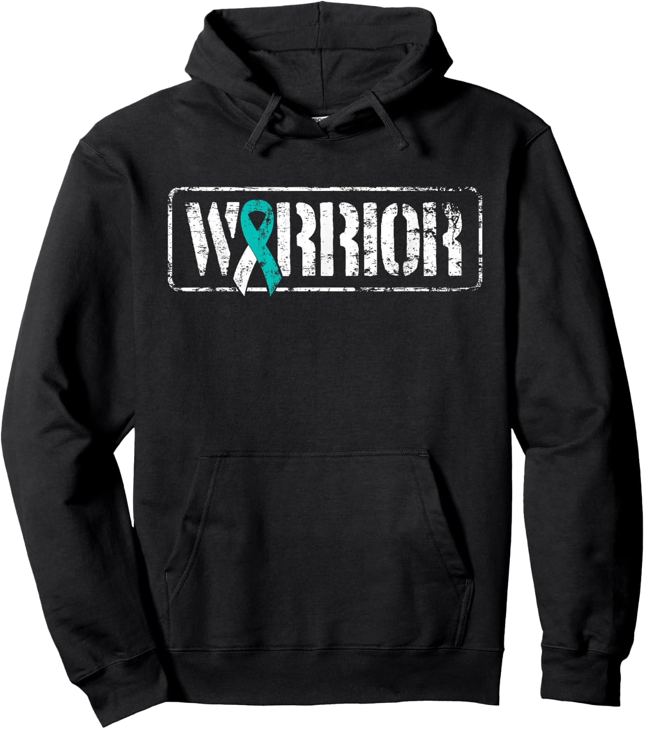 Cervical Cancer Warrior - Teal White Military-Style Ribbon Hoodie - Hoodie | Black