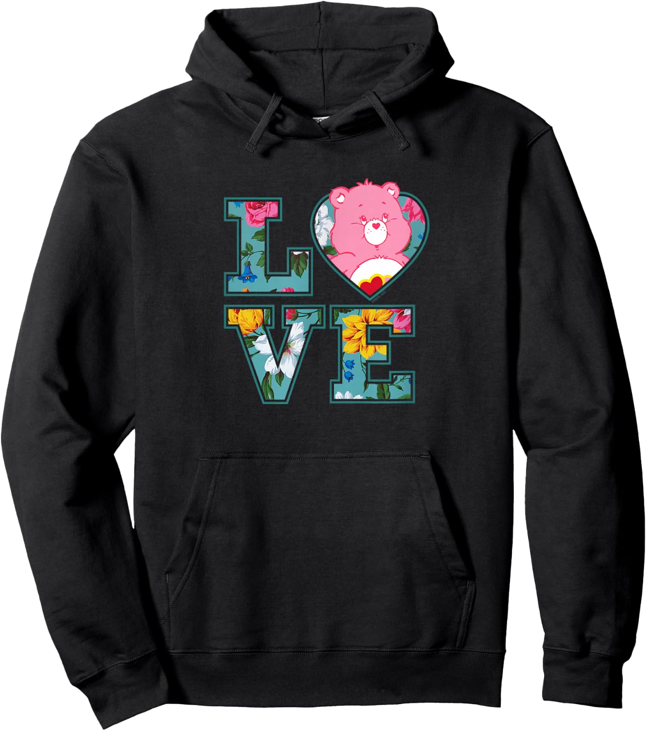 Care Bears Love Floral Block Letters Cute Cartoon Hoodie - Hoodie | Black