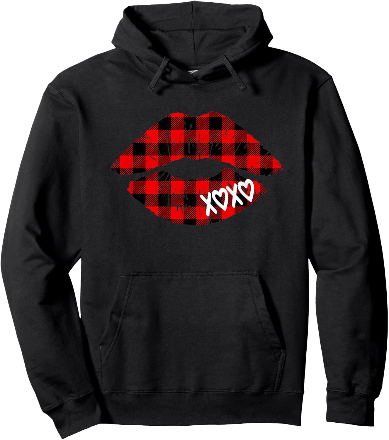 Red Buffalo Plaid Lips T Shirt Valentine Day XOXO Women Girl Hoodie - Hoodie | Black