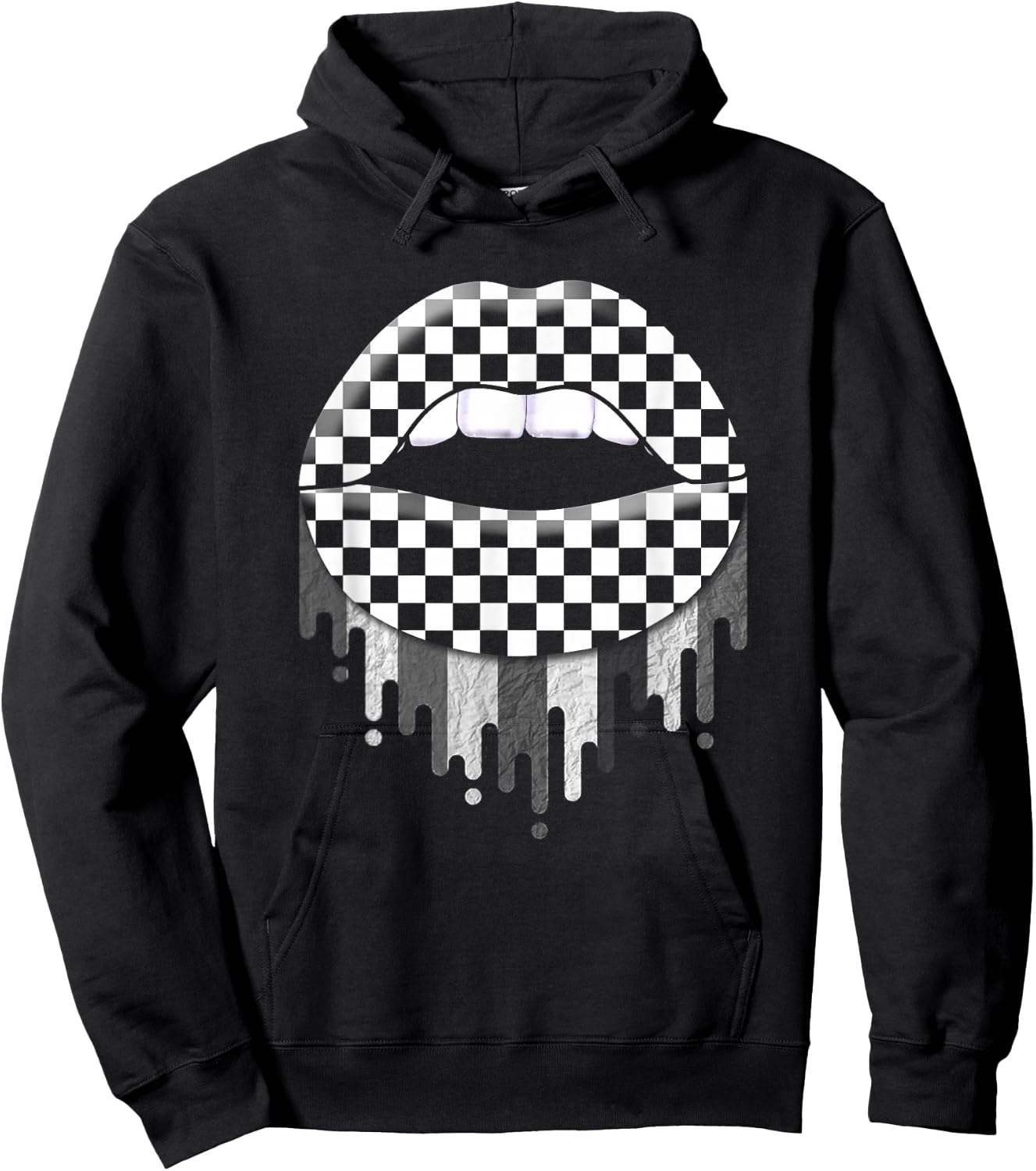 Checkered Black White Lip Cute Checkerboard Hoodie - Hoodie | Black