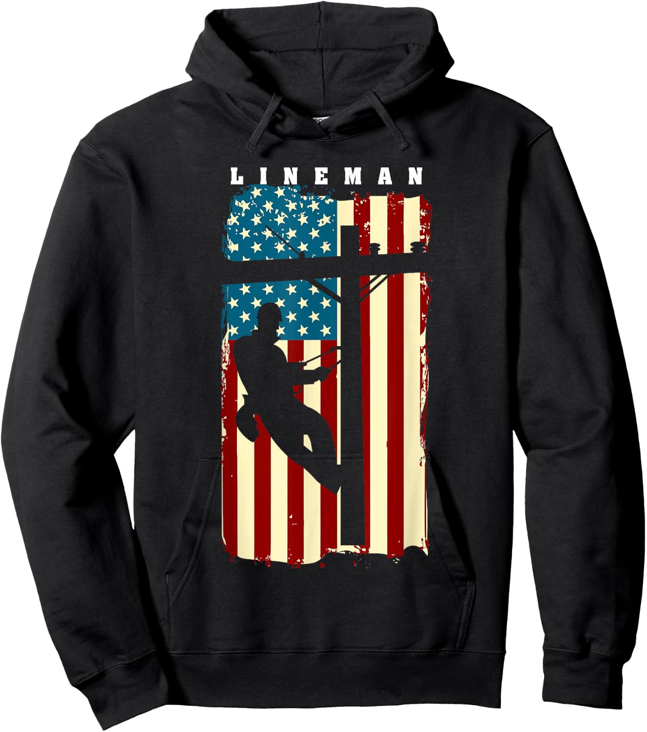 Lineman American Flag | Electric Cable Lineman Gift Hoodie - Hoodie | Black