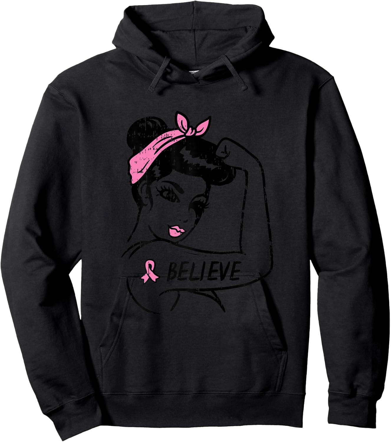Rosie Riveter Believe Pink Ribbon Breast Cancer Awareness Hoodie - Hoodie | Black