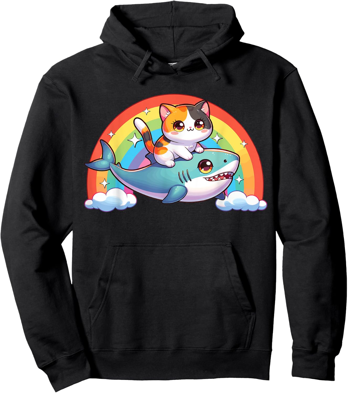 Cat Riding Shark, Kawaii Magical Calico Cat, Cat On Shark Hoodie - Hoodie | Black