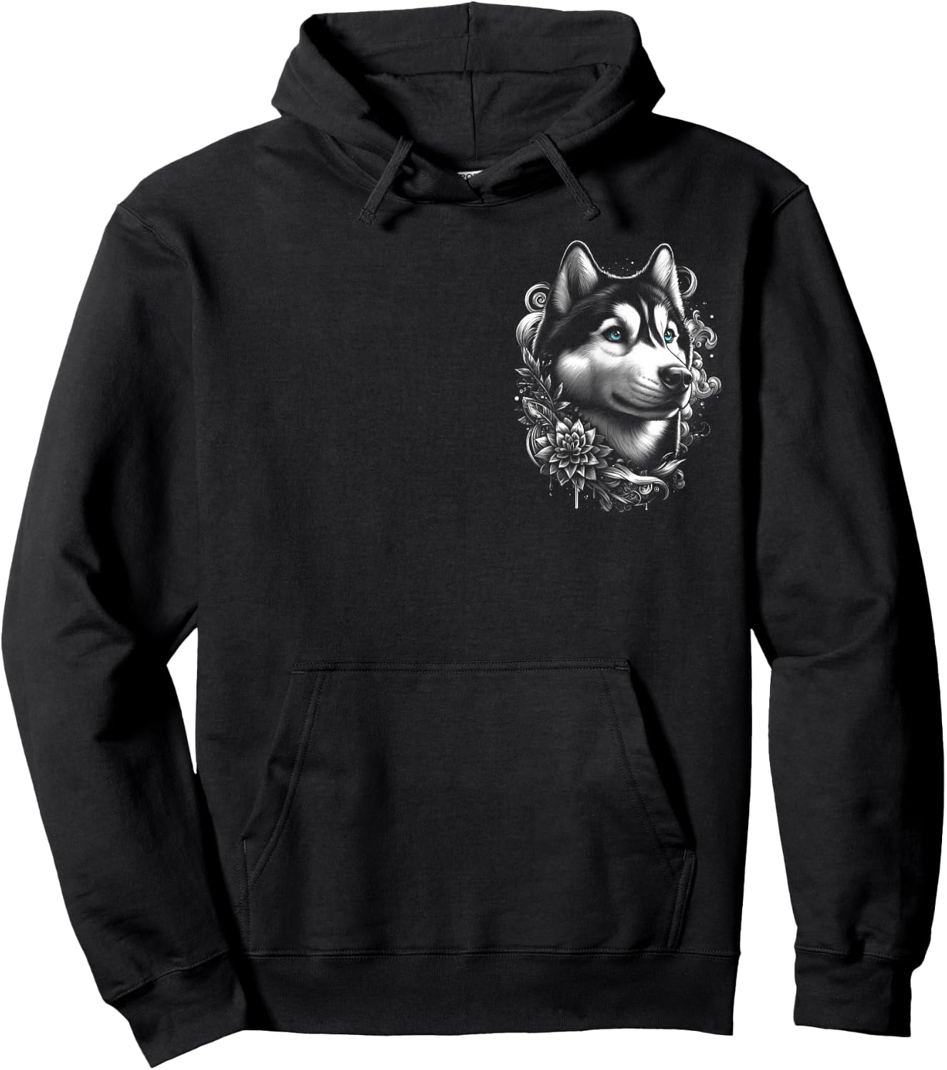 MyAnimal - Your Favourite Animal Wear Cool Husky with Blue Eyes and Flowers Decoration on Chest , Small Hoodie - Hoodie | Black