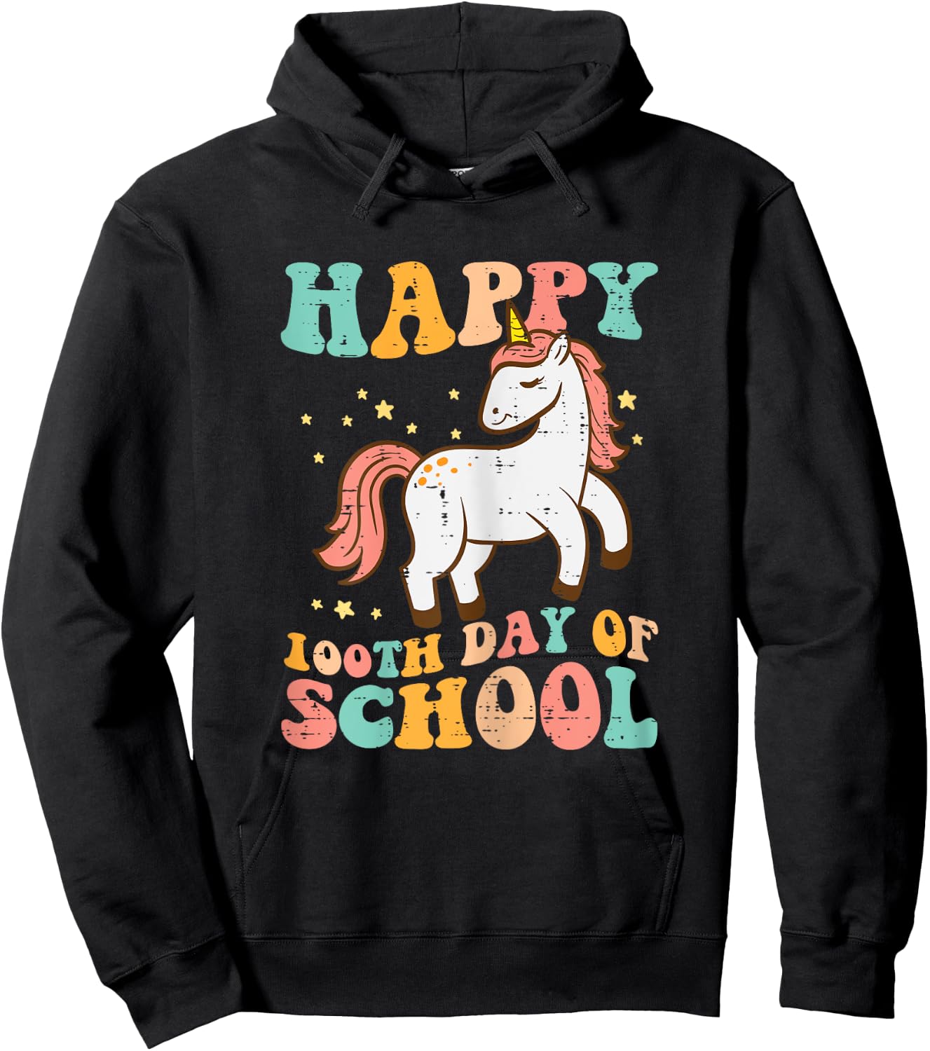 Happy 100th Day School Unicorn Retro 100th Day Women Girls Hoodie - Hoodie | Black